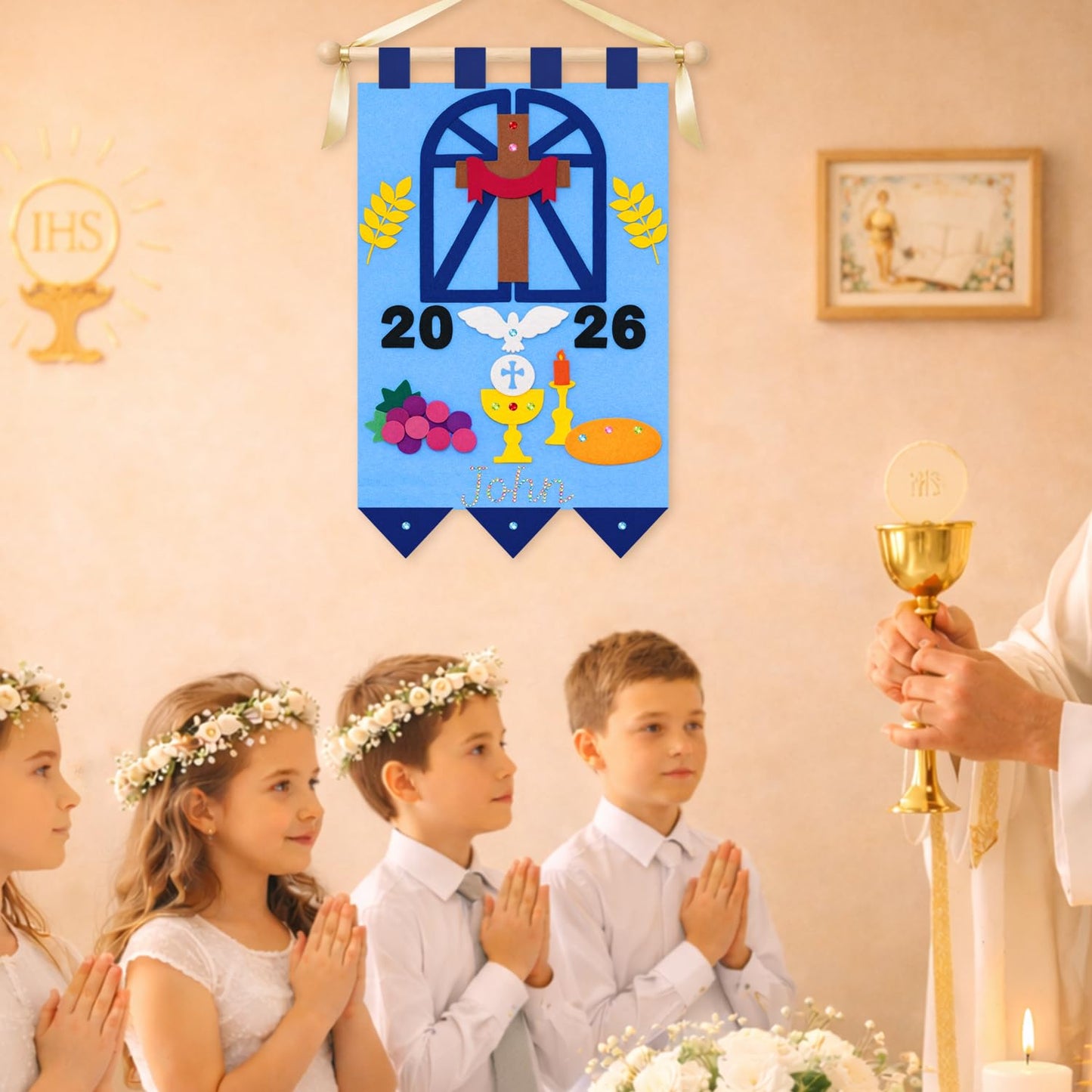 DIY First Communion Felt Banner Kit 9 x 12 Inch First Holy Communion Banner with Diamond Gem Stickers for Kids Sunday School Church Activity Baptism Party Decoration