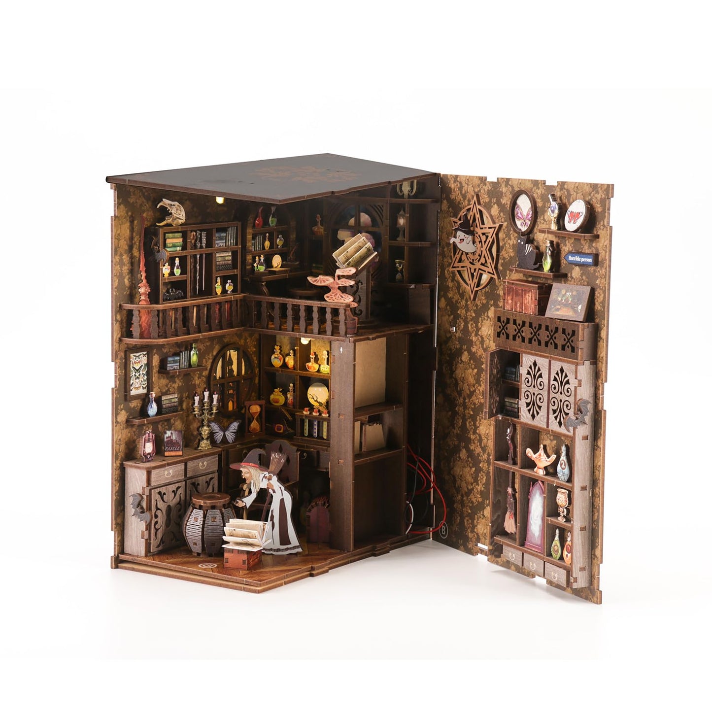 NEXTIPS Magic Academy Book Nook Kit with LED Lights - 3D Wooden DIY Miniature Library for Bookshelf Decor, Gift for Harry Potter Fans