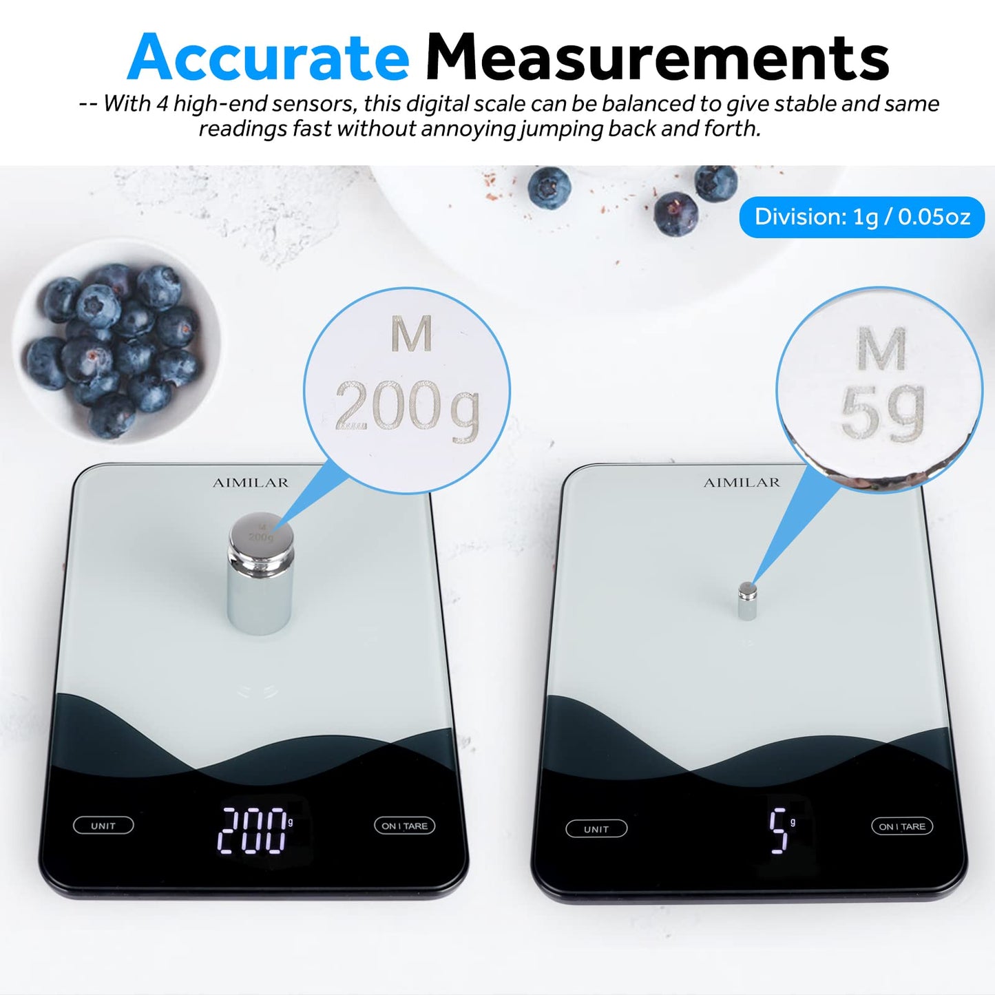 AIMILAR Digital Kitchen Scale 22lb/10kg USB-C Rechargeable, Tempered Glass Top Easy Clean, LED Touch Screen No Buttons, Auto Shut Off