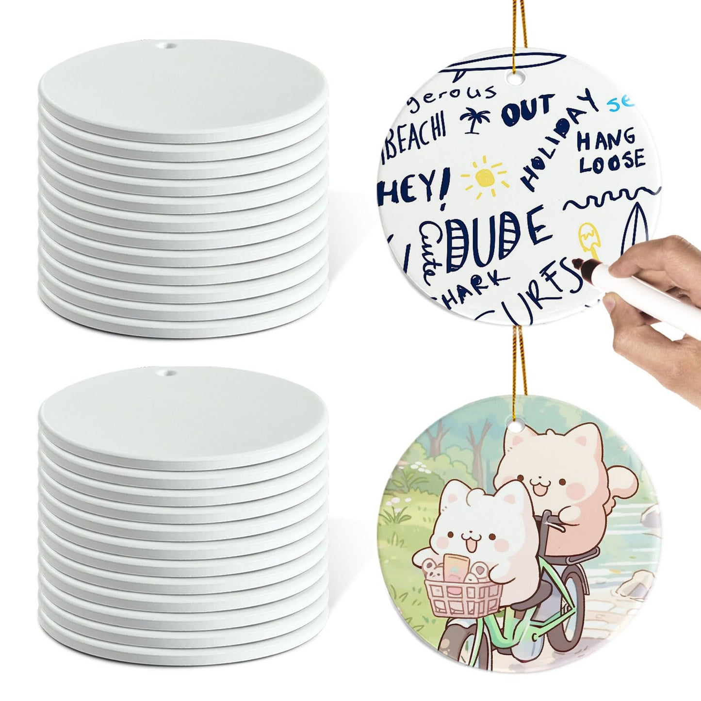 Sublimation Ceramic Ornaments ‌Personalized White Round Porcelain Ornaments for Xmas Tree - Bulk Ceramic Discs, Sublimation Ornament Blanks Ideal for Heat Press Printing (25, Round)