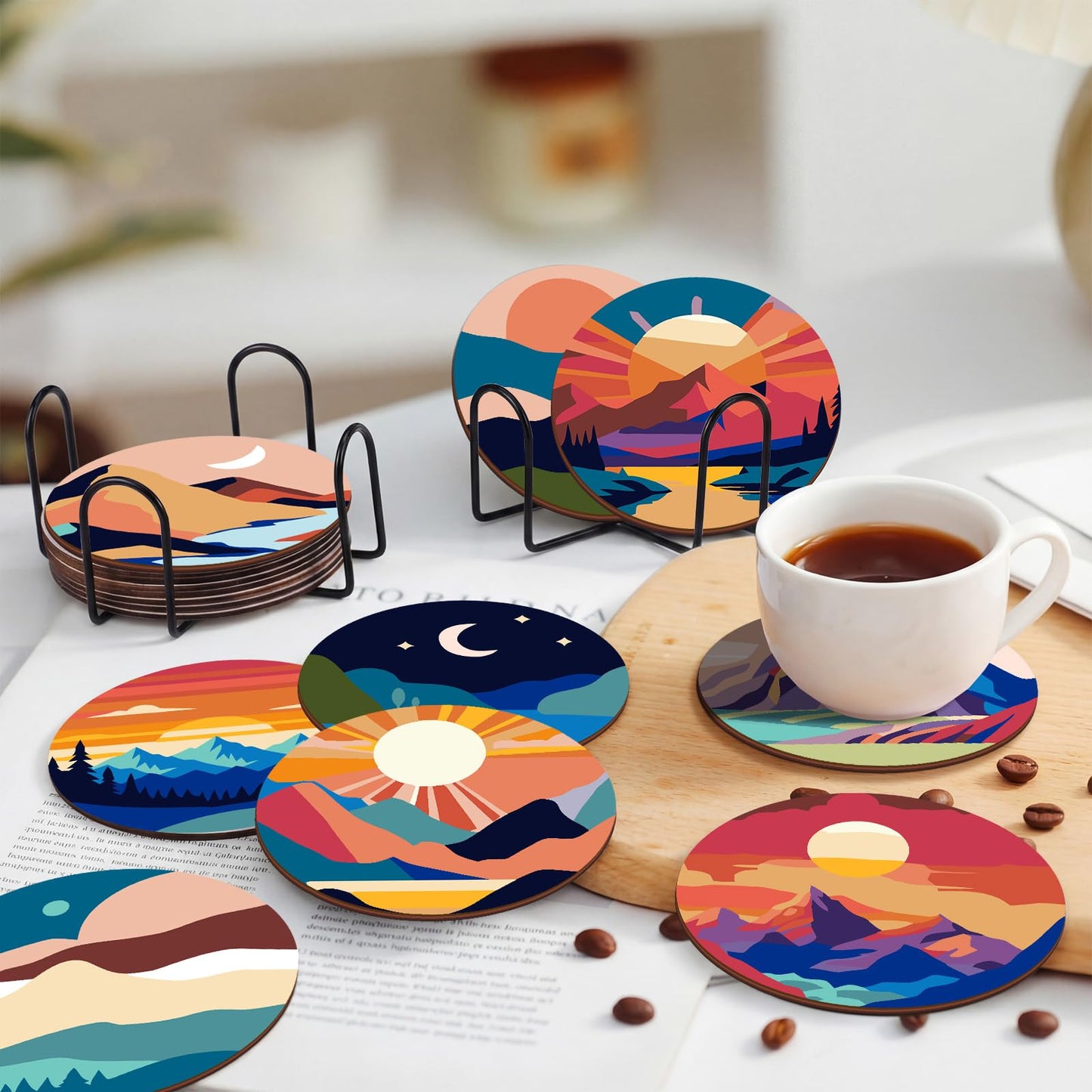 Reallnaive 8 Pcs Mountain Paint by Numbers Kit for Adults Cute Coasters with Holder Mini Paint by Numbers Kits Round Oil Painting Drink Coaster for Small DIY Craft Birthday Gift