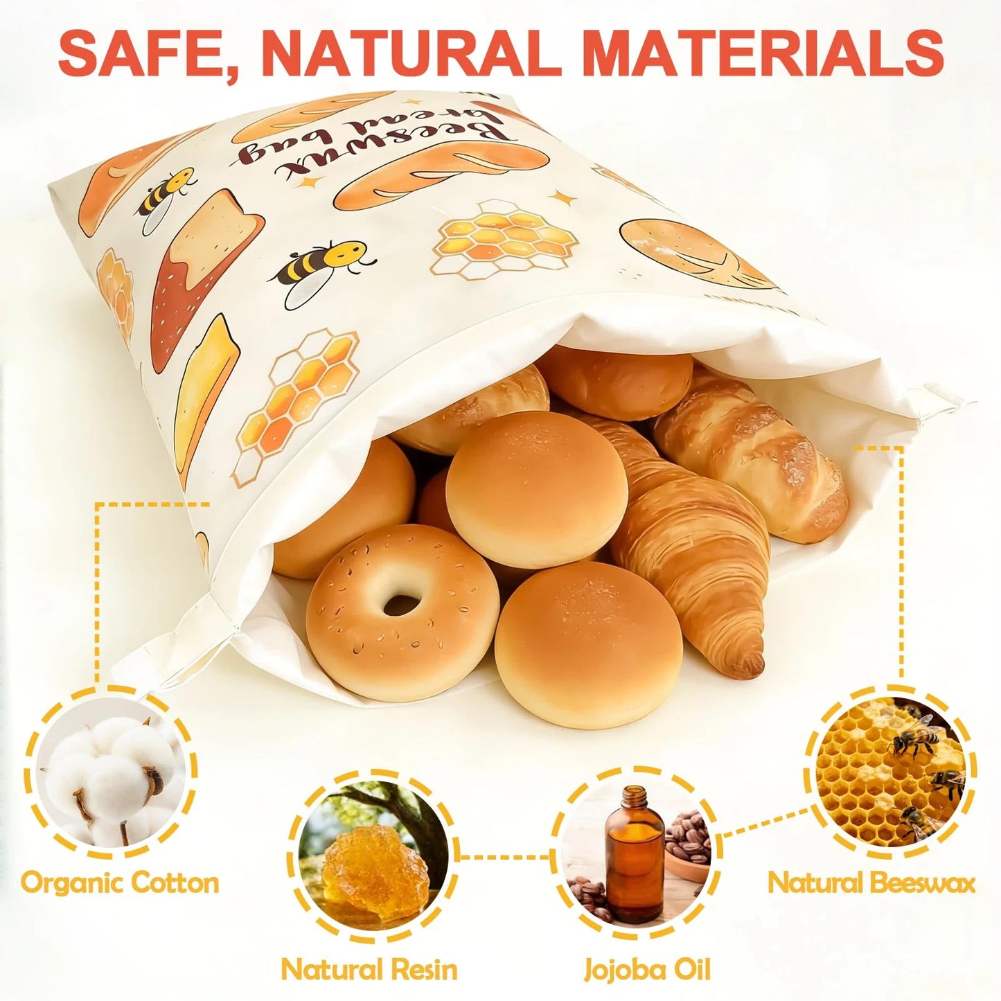 JUNMEI 2 Pack Natural Beeswax Food Wraps, Reusable Organic Cotton Bread Bags with Honeycomb Texture, Plastic Free Storage for Sourdough, Freezer Safe, 12.6x17 Inches