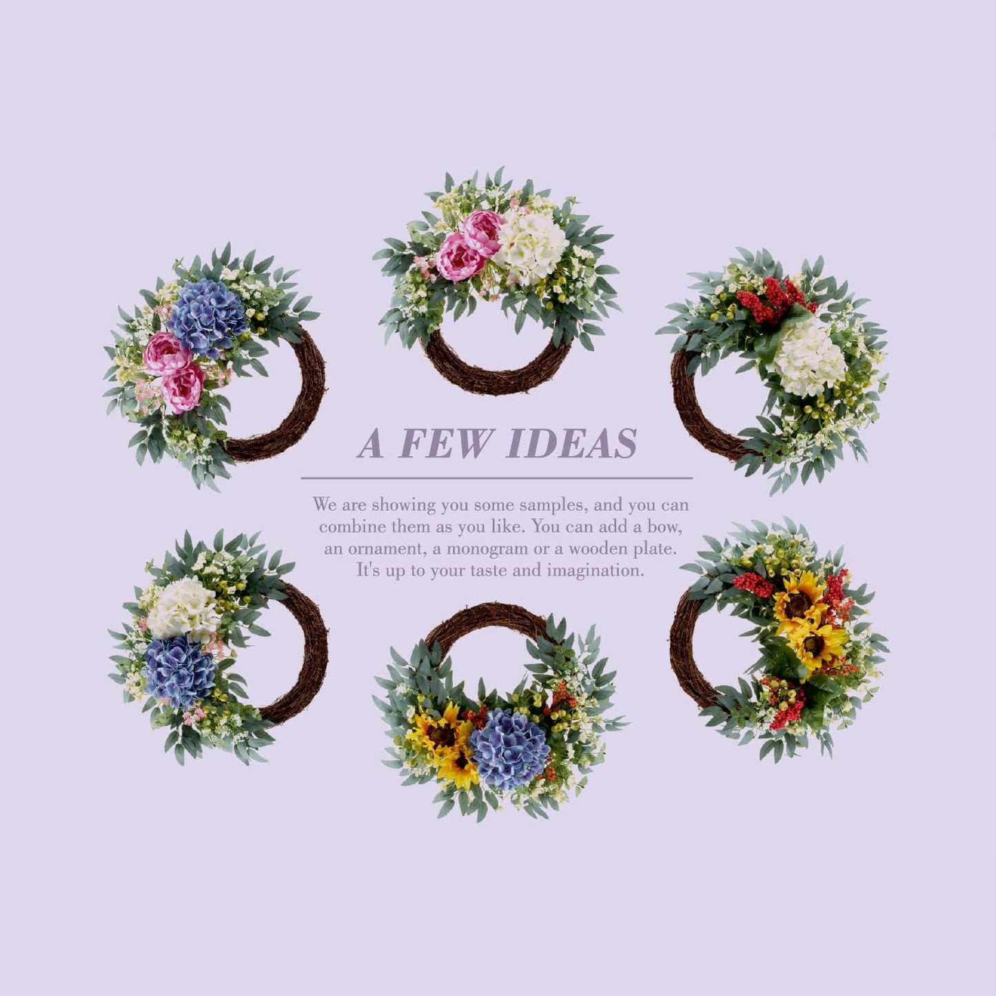 All-Season Interchangeable Grapevine Wreath - DIY Kit with Faux Silk Flowers, Leaves and Berries - Front Door Decor for Spring, Summer, Fall and Winter