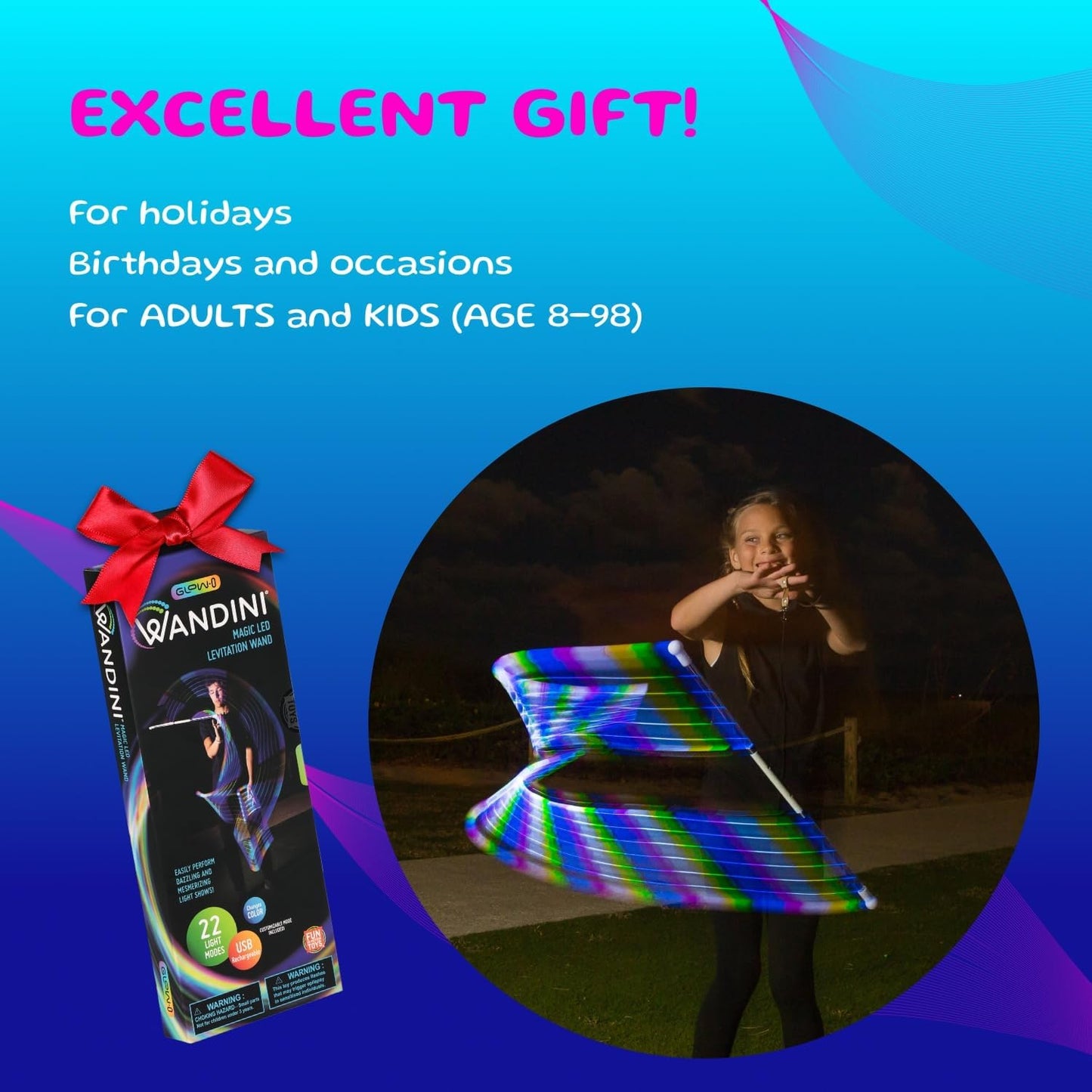 Wandini Glow.0 LED Light Magic Wand – Collapsible Levitation Stick, USB Rechargeable & Patented Design, Balanced LED Flow Prop for Smooth Tricks, Visual Performances with 22 Dynamic Color Modes