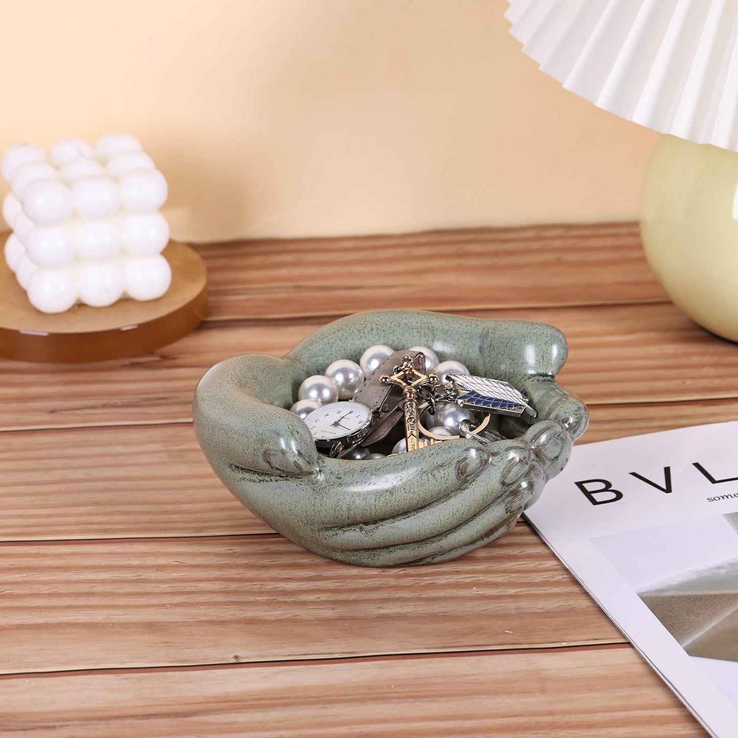 oliruim Ceramic Hands Bowl Dish Sculpture, Giving Hands Candy Holder for Succulent Planter, Crystal Rock Holder, Office, Keys Bowl for Entryway Table (Vintage Green)