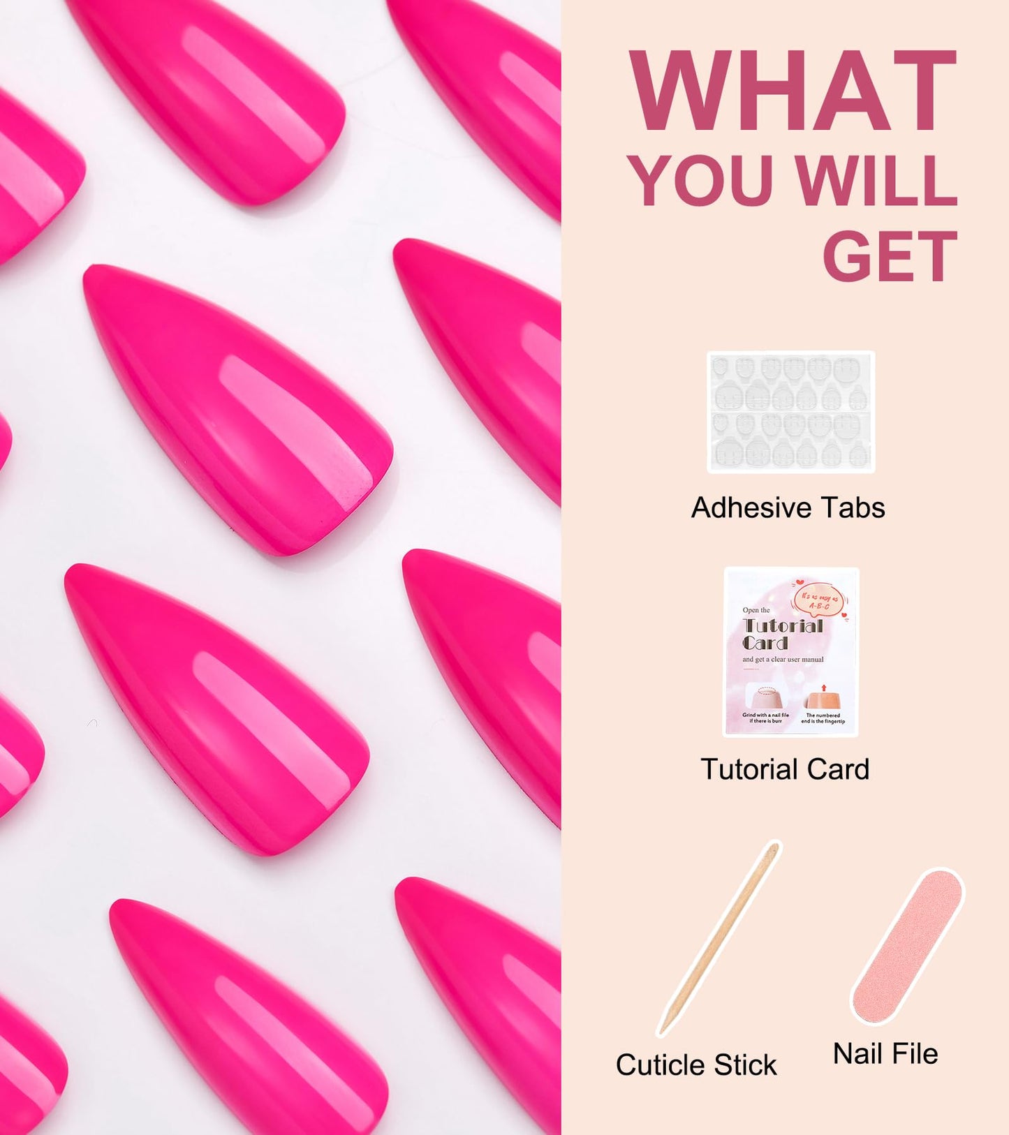 Morily Press-On Nails Bundle | Black Stiletto Matte & Hot Pink Stiletto Glossy | 24Pcs Each Set, Medium Length Long False Fake Nails