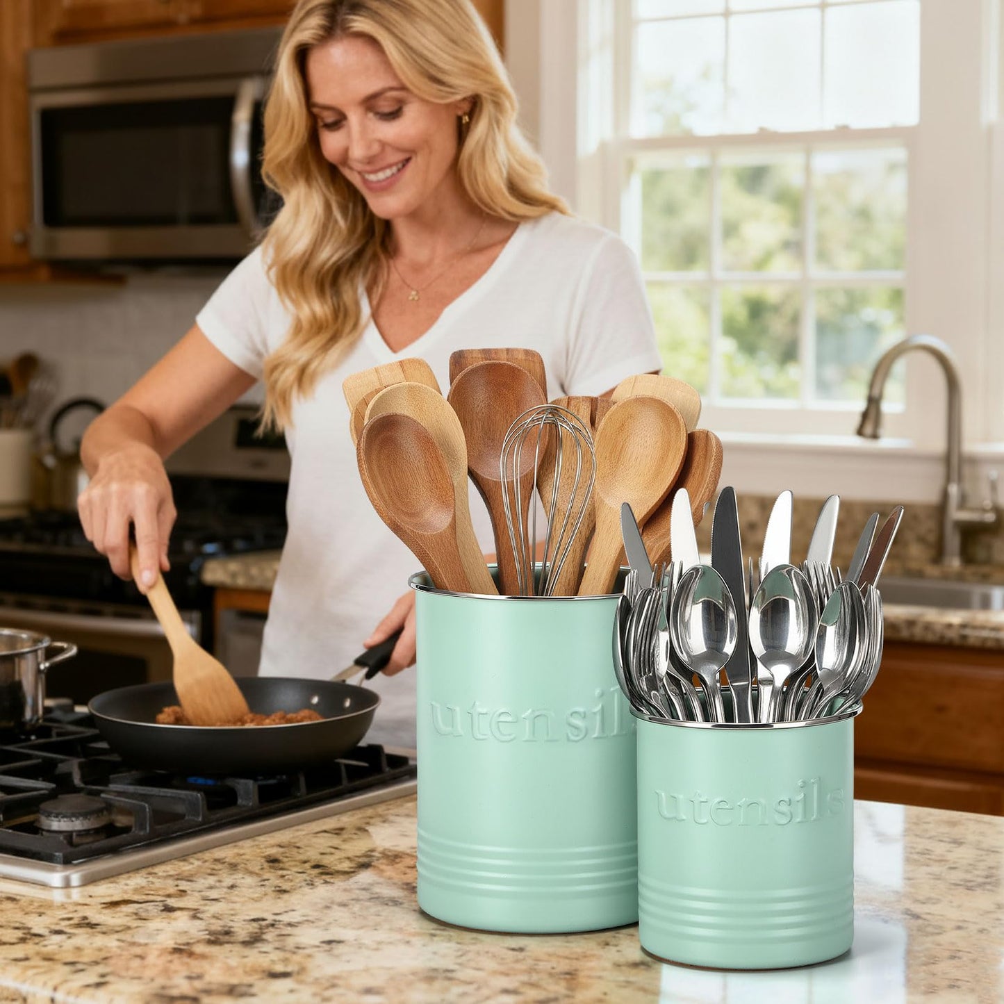 FoldTier 2 Pack Kitchen Utensil Holder for Counter 6.7"+4.7" Farmhouse Cooking Utensil Crock with Cork Bottom Modern Farmhouse Decors Countertop Storage Organizer Caddy Housewarming Gift(Sage Green)