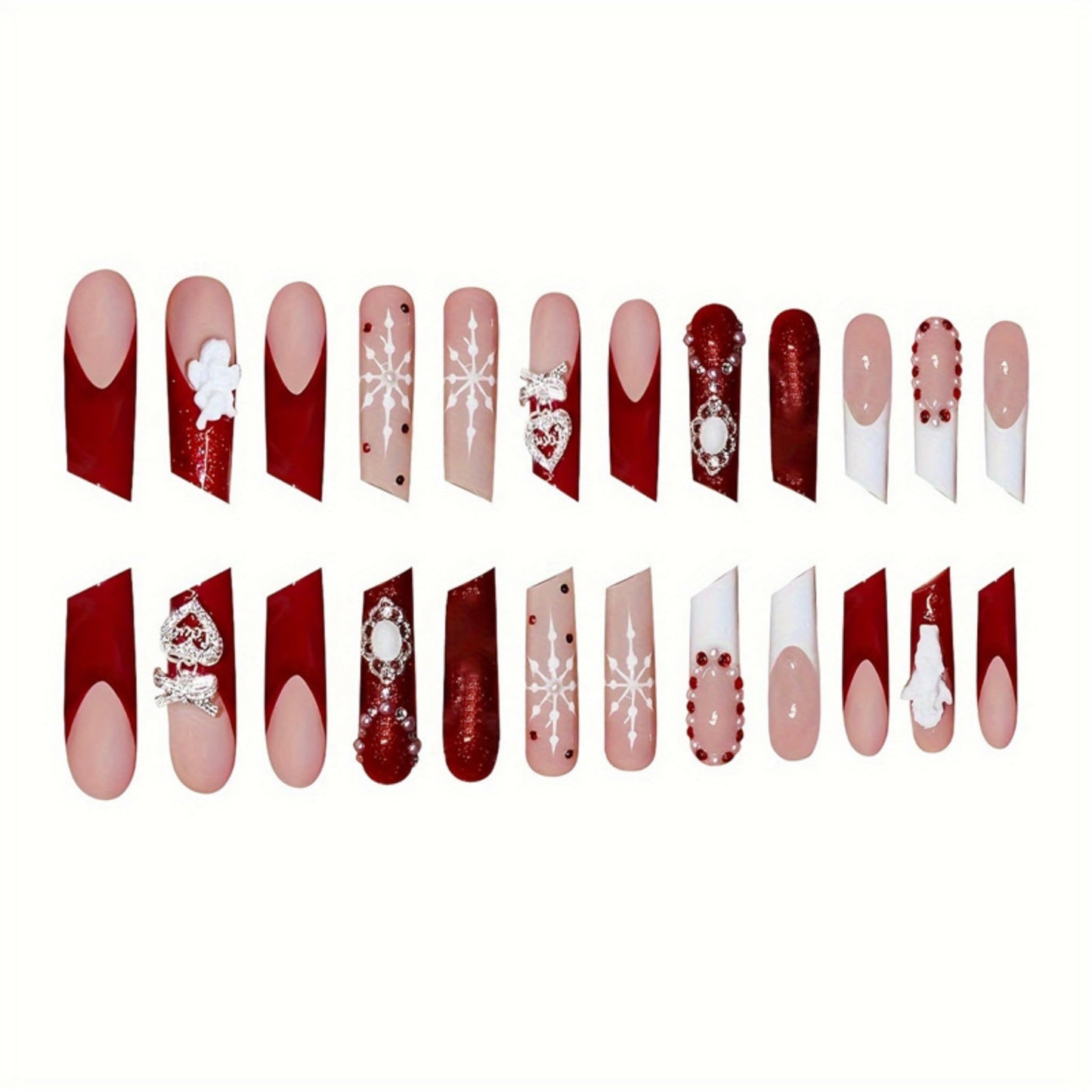 Valentines Long Press on Nails Square Fake Nails SEENEEY Special Square Artificial Nail Red and White Pearl Designs Rhinestones Stick on Nail for Women 24pcs