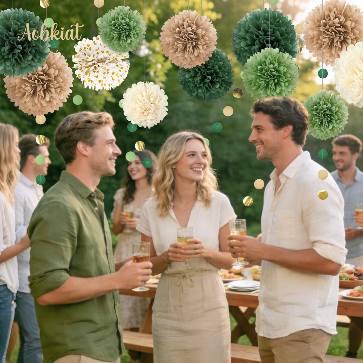 AOBKIAT Wedding Party Decorations Set,15PCS Green Tissue Paper Pom Poms,Dots Paper Garland String Hanging Backdrop for Engagement,Green Boho Wedding,Baby Shower