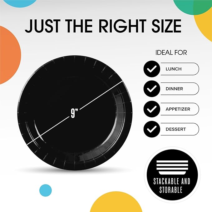 Exquisite Party Solids Black Paper Plates Disposable Heavy Duty 9 Inch Black Disposable Plates For Party 100 Pcs Heavy Duty 350 GSM, Birthday Supplies