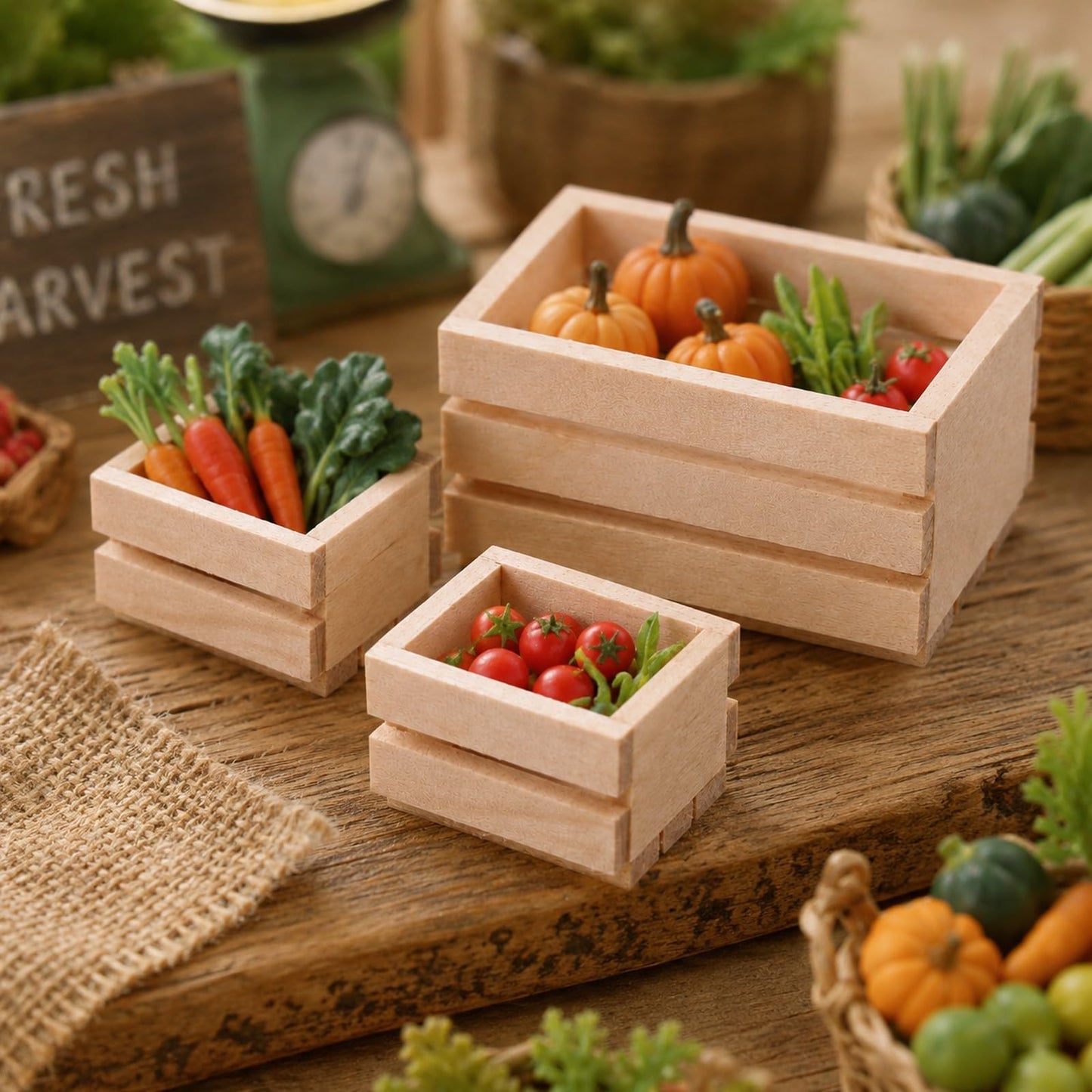 LOGOFUN 3pcs Dollhouse Mini Storage Basket Miniature Wooden Milk Crate 1/12 Tiny Fruit Baskets Model for Dollhouse Accessory - 1.2 * 0.9 & 1.9 * 1.6inch