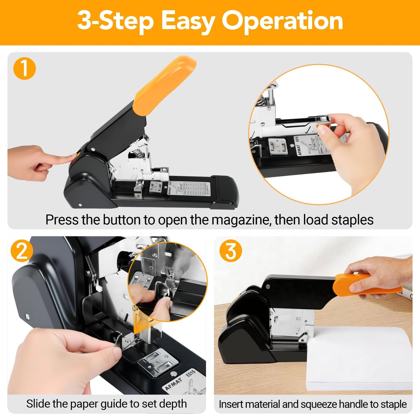AFMAT Heavy Duty Stapler, 220 Sheets Capacity Stapler for Classroom, 60% Reduced Effort, Jam Free, Adjustable Paper Depth, Metal Desk Office Staplers w/ 50,000+ Uses, Includes 7000Pcs Staples, ES15