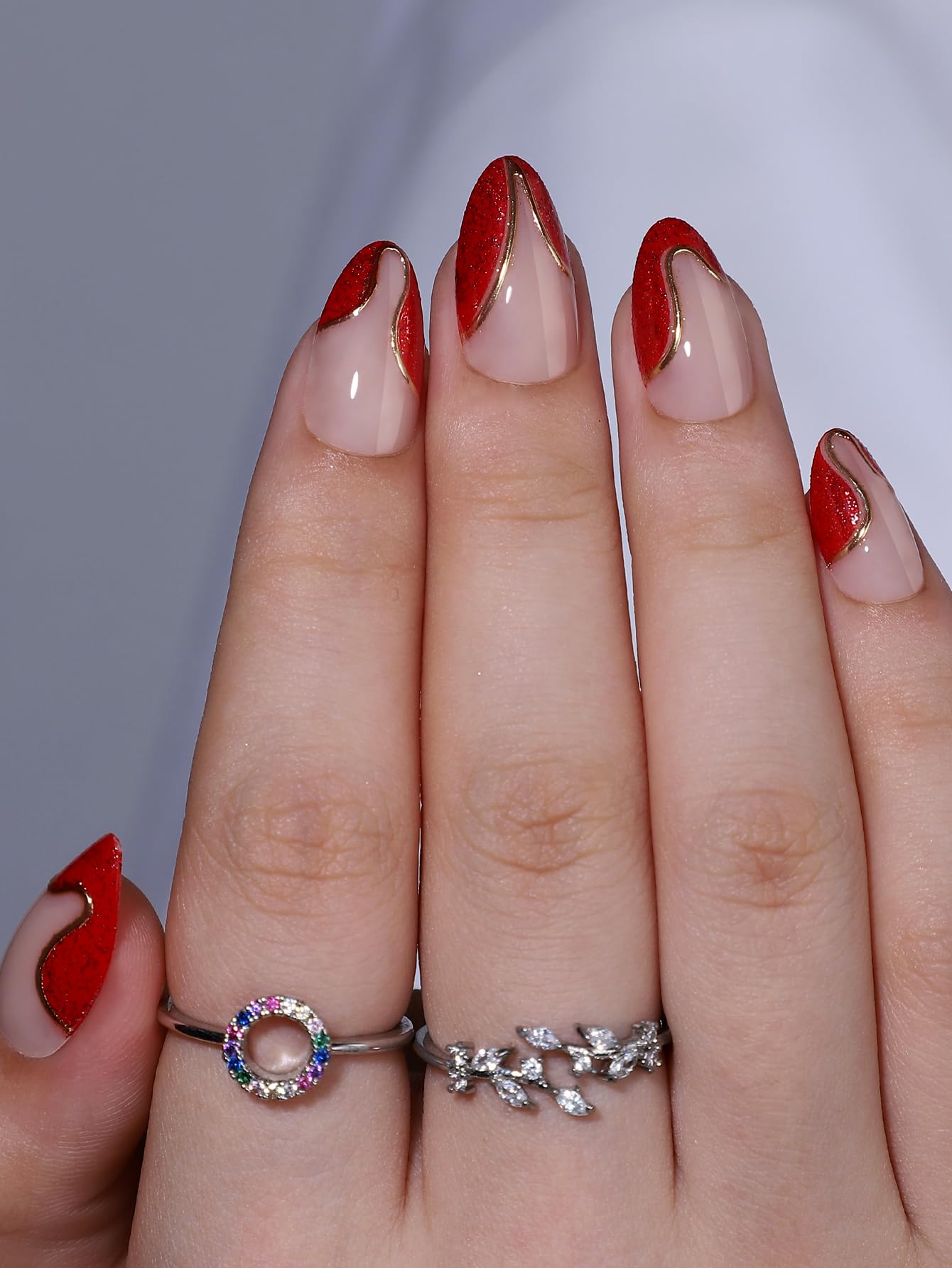 Hrnsnails Almond Press On Nails, Glue On Nails Short Fake Nails Red French Tip Nails with Golden Lines Designs, Acrylic Nails Press On Gel False Nails,Artificial Nails Stick On Nails for Women