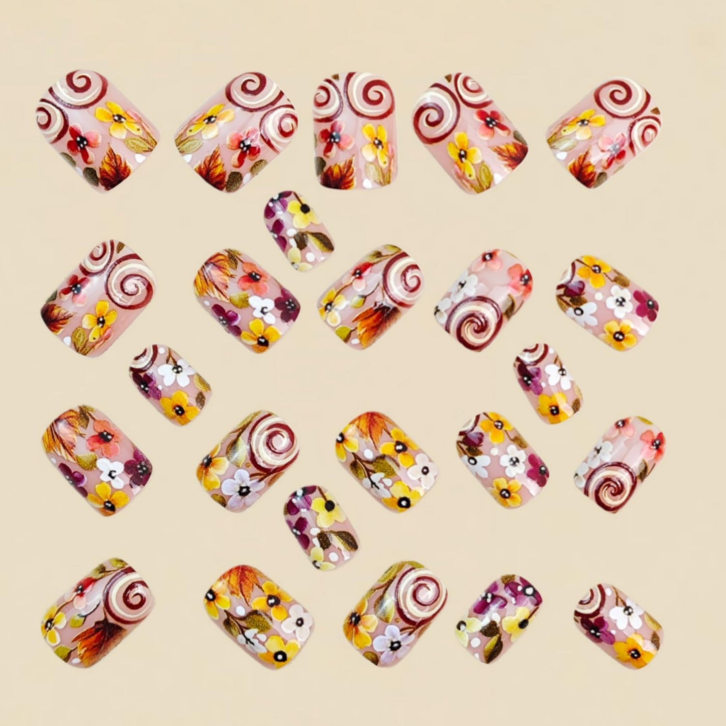24pcs Flower Press on Nail Short Square Fake Nails with designs Stick on Nail Spring False Nails Press ones Glossy Full Cover Reusable Glue on Nails for Women Manicure Decor