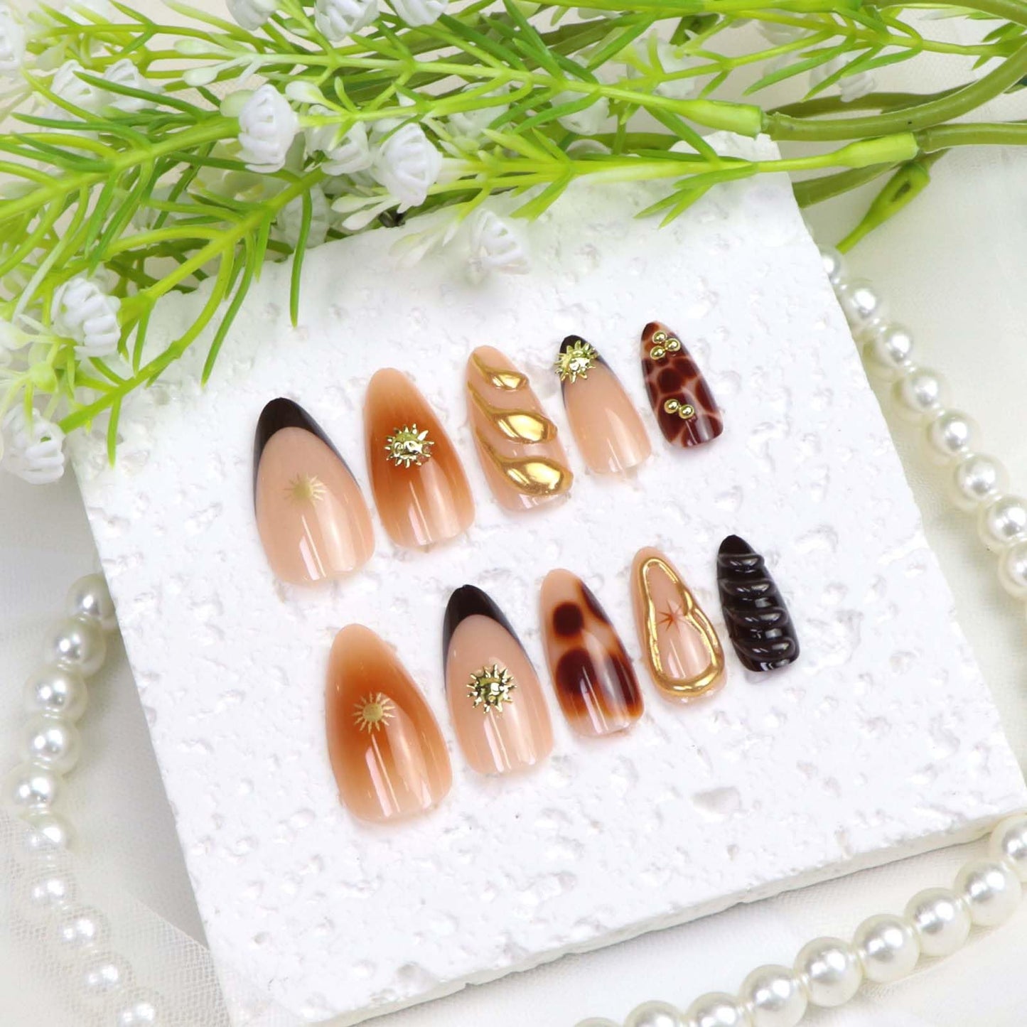 Press on Nails Medium Almond False Nails with 3D Water Ripples Stars Pearls Irregular Pattern Designs Dark Brown French Nails Press ons Glossy Glue on Nail Nude Fake Nails for Women Girls 24Pcs
