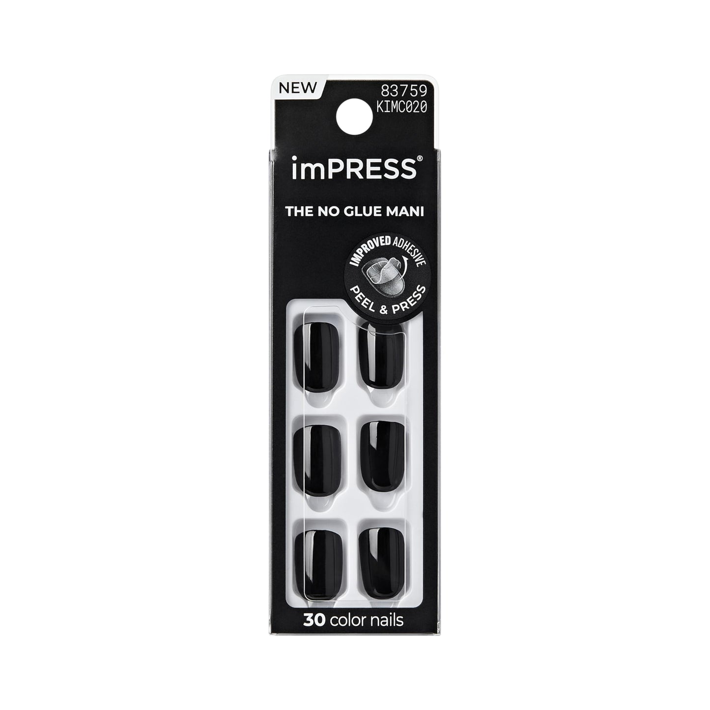 Kiss Impress No Glue Mani Press On Nails, Color, 'All Black', Black, Short Size, Squoval Shape, Includes 30 Nails, Prep Pad, Instructions Sheet, 1 Manicure Stick, 1 Mini File