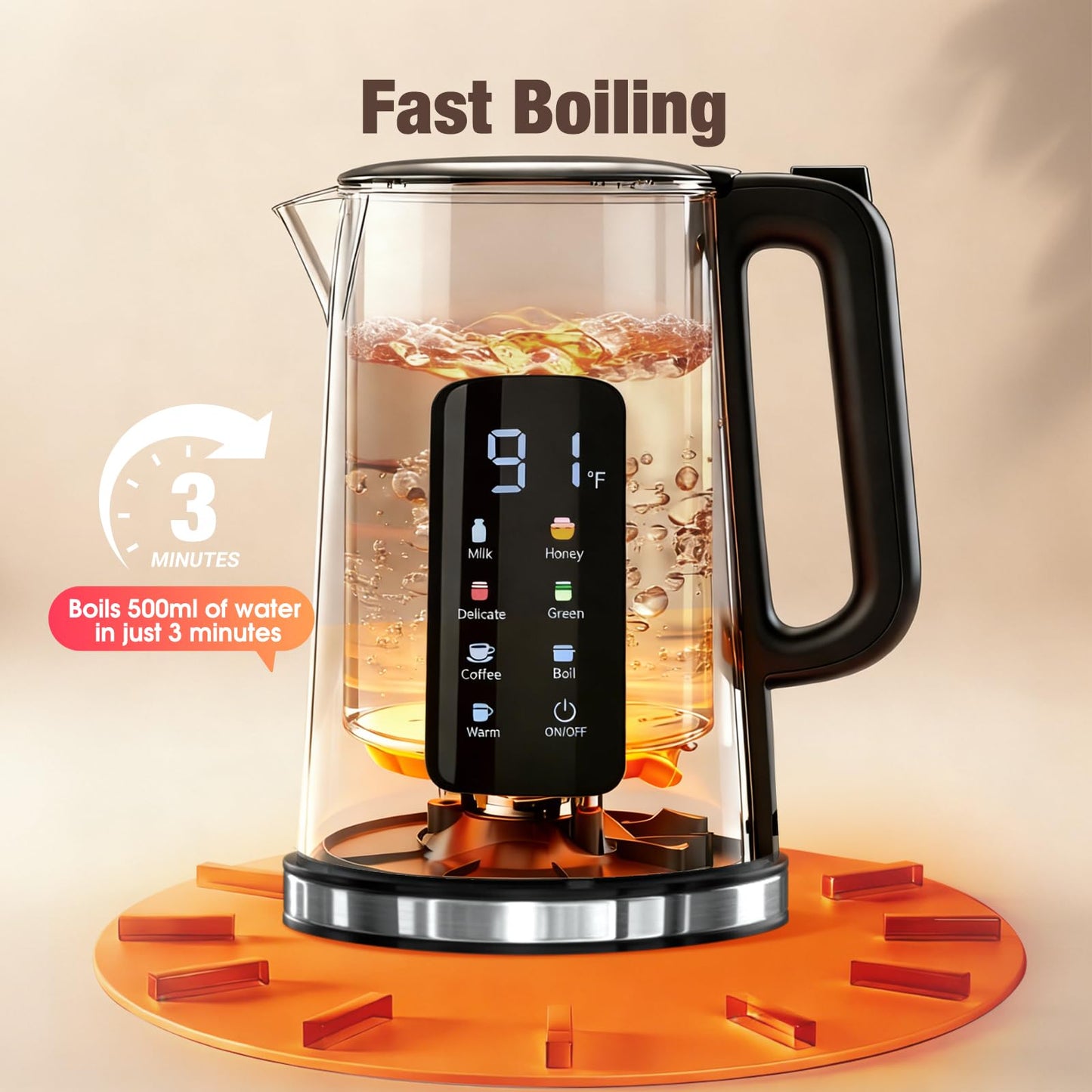 KEINVE 1.7L Electric Kettle, Touch Screen Water Boiler, Auto Shut Off, Double Wall, 6 Preset Temperatures, Fast Boil, and STRIX Control