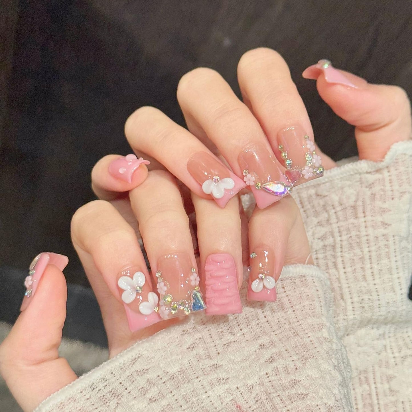10 Pcs Press on Nails Handmade Duck Glue on Nails Pink French Tip with 3d Sparkling Diamond Design Handmade Acrylic Nails Elegant for Women for Spring Summer (S)