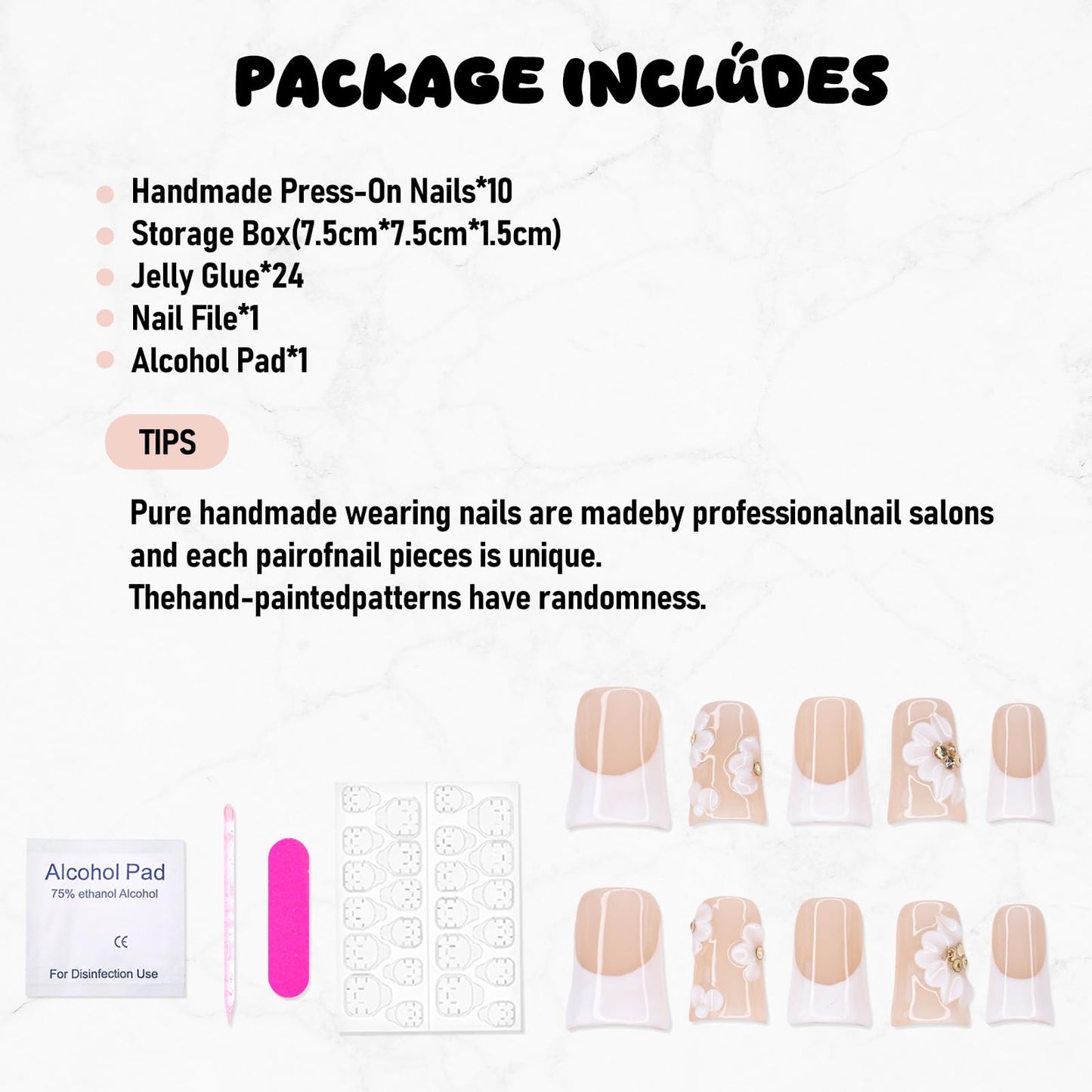 Duck Press on Nails Short Handmade 3D Unique Flower Fake Nails White French Tip False Nails with Designs Thick and Muti-Layer Gel Acrylic Nails Glossy Glue on Nail for Women (Size M)