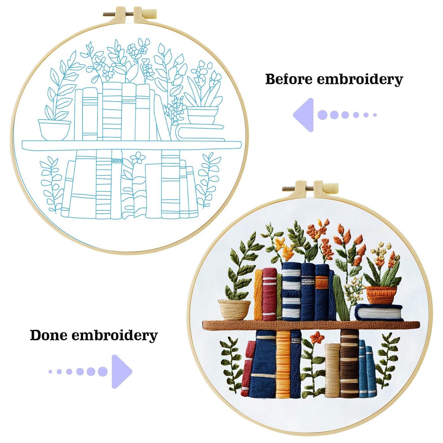 JOZYSH Beginners Stamped Books and Flowers Pattern Embroidery Kit Cross Stitch Kit Embroidery Starter Kit with Instructions, Embroidery Hoops for Home Ofiice Decor