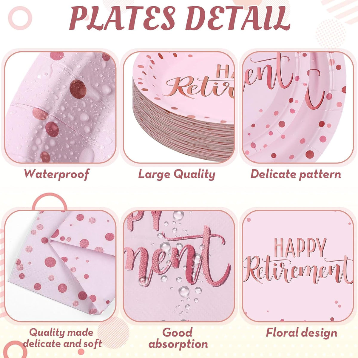 Pickmesh 192 Pcs Retirement Party Decorations Happy Retirement Paper Plates and Napkins Set with Cups and Knife Fork Spoon,Farewell Party Disposable Tableware for 24 Guest Women Men(Pink)