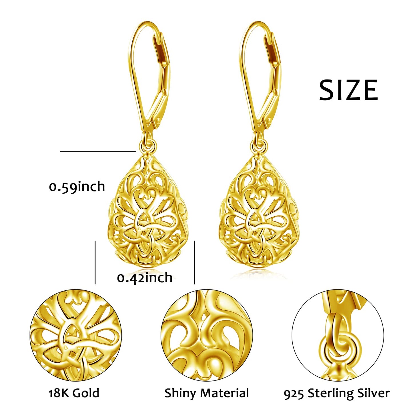 SHAOAN 925 Sterling Silver Filigree Dangle Drop Earrings Gold Plated Celtic Knot Leverback Teardrop Earrings for Women Mother’s Day