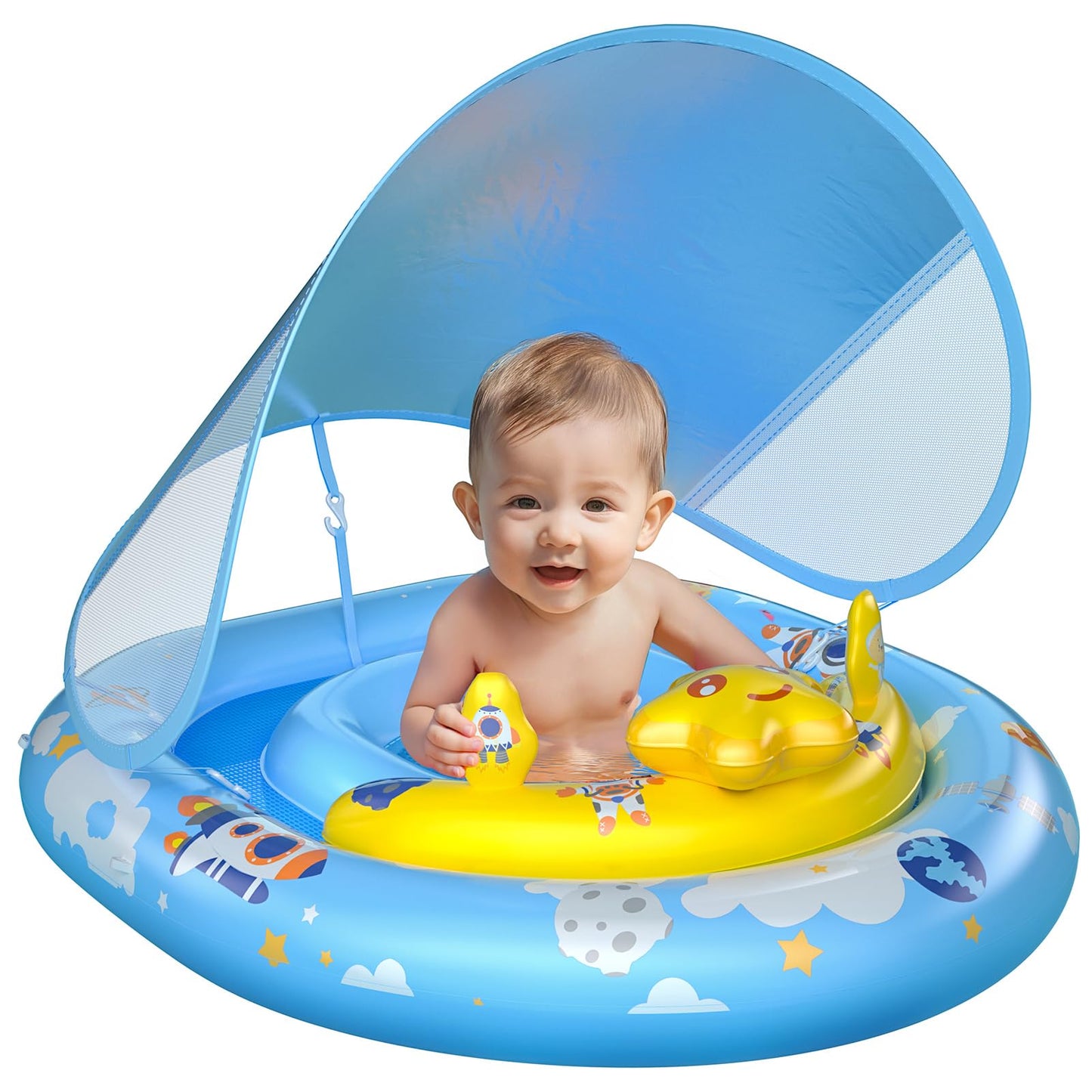WayEee Baby Pool Float with UPF50+ Canopy - Inflatable Swim Float, Adjustable Safety Seat, Toy Play Console, Sun Protection for Baby 6-36 Months, Infant, Todder Summer Gift, Pool, Bathtub, Beach, Blue