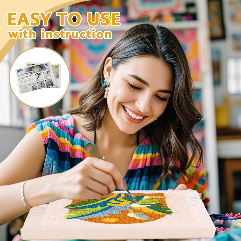 DOODLREAM Monstera Deliciosa DIY Punch Needle Embroidery Kit for Adult Beginner, 9.4" Tropical Plant Punch Stitching Craft Set for Starter with Frame, Fabric Pattern, Threader, Yarn, Punch Needle