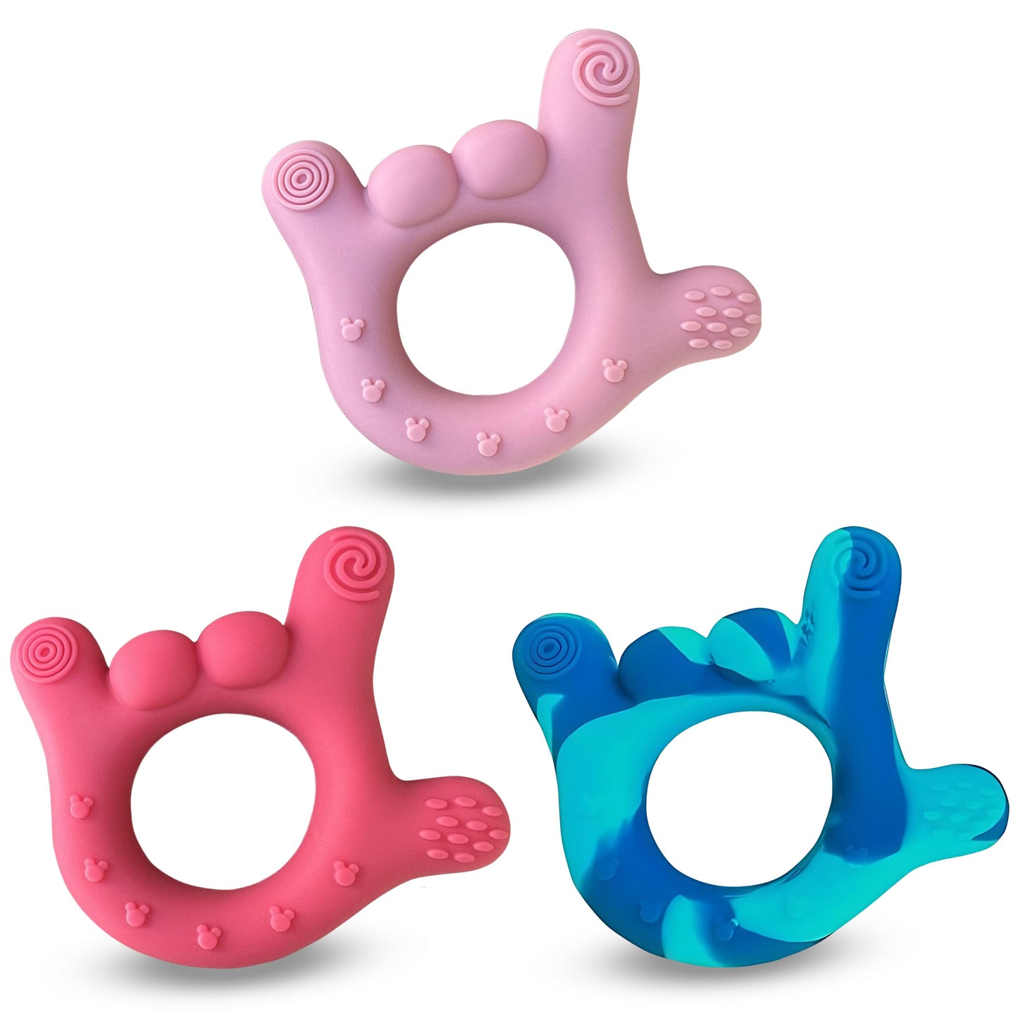 Set of 3 I Love You Silicone Hand Teether, Teethers for Babies 3-6 Months, Soft Teething Toys 6-12 Months bpa Free, Massaging Teething Relief