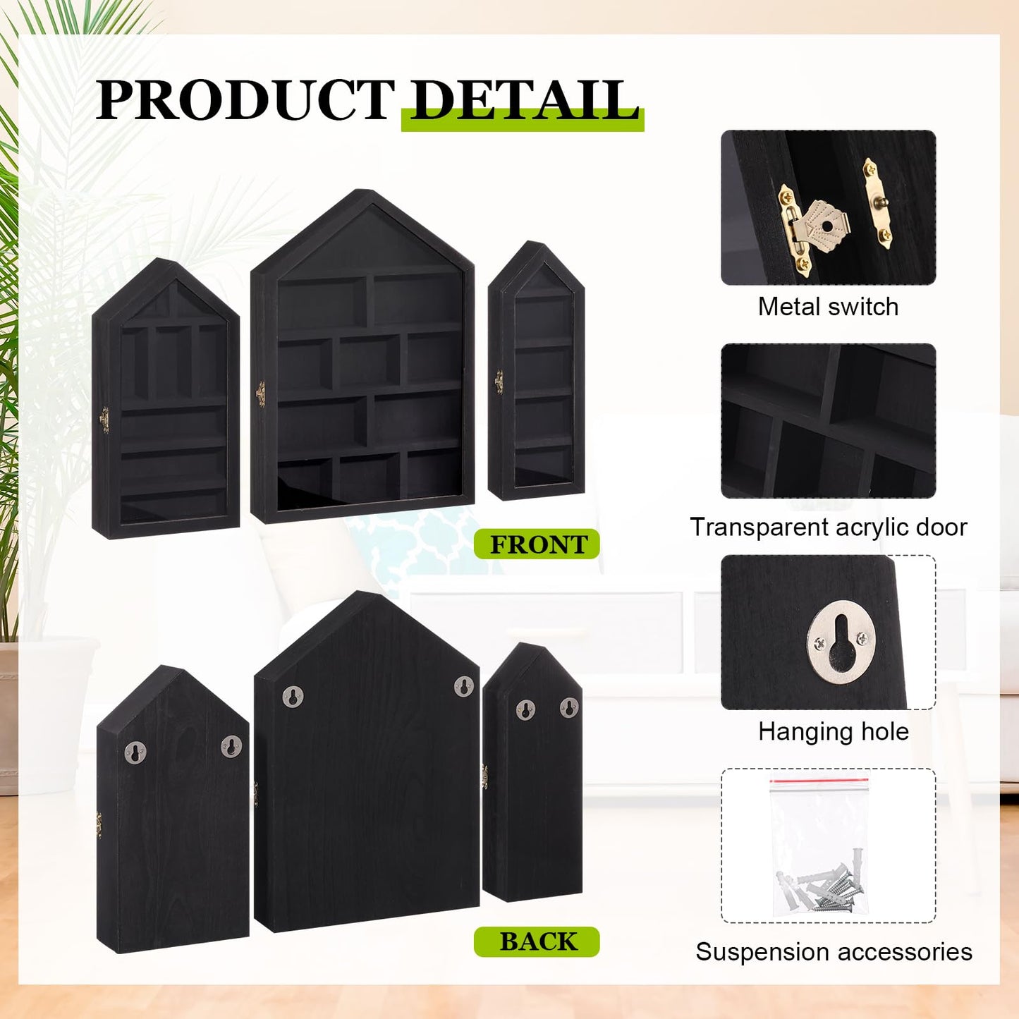 DoubleFill Set of 3 Wooden Trinket Display Shelf Shadow Box with Shelves 10 x 15 Inch Large Wall Mounted Display Storage Mini Figures Curio Trinket Medals Crafts Collections(Black,House Shape)