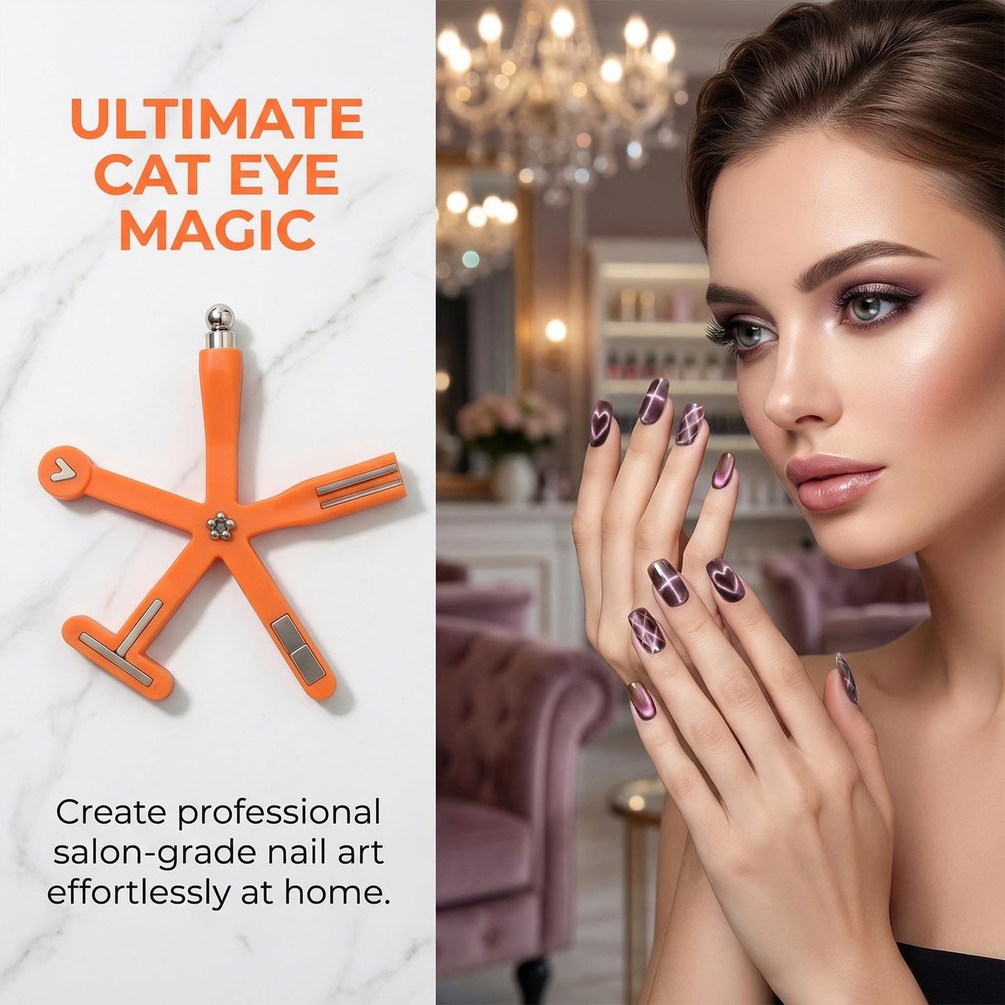 Plman 8 In 1 Cat Eye Magnet Tool with Magnetic Bead for Cat Eye Gel Nail Polish - Neodymium Nail Art Tools for Beginners DIY at Home and Professional Salon (8 in 1 Set - Orange)