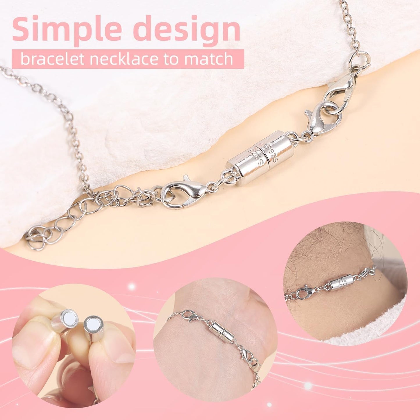 Magnetic Jewelry Clasps, 925 Sterling Silver, Strong Magnetic Closures for Necklaces and Bracelets (4pcs Golden Silvery)