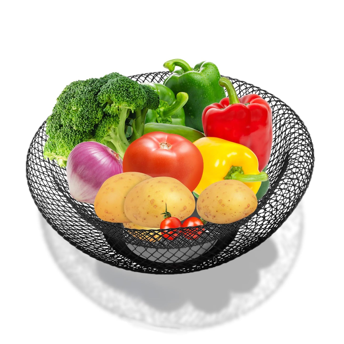 ZIVONA Black Fruit Basket for Kitchen Counter - 9.8" Metal Mesh Fruit Bowl, Modern Decorative Centerpiece for Kitchen Island, 360° Airflow Keeps Produce Fresh, Versatile for Vegetables & Snacks