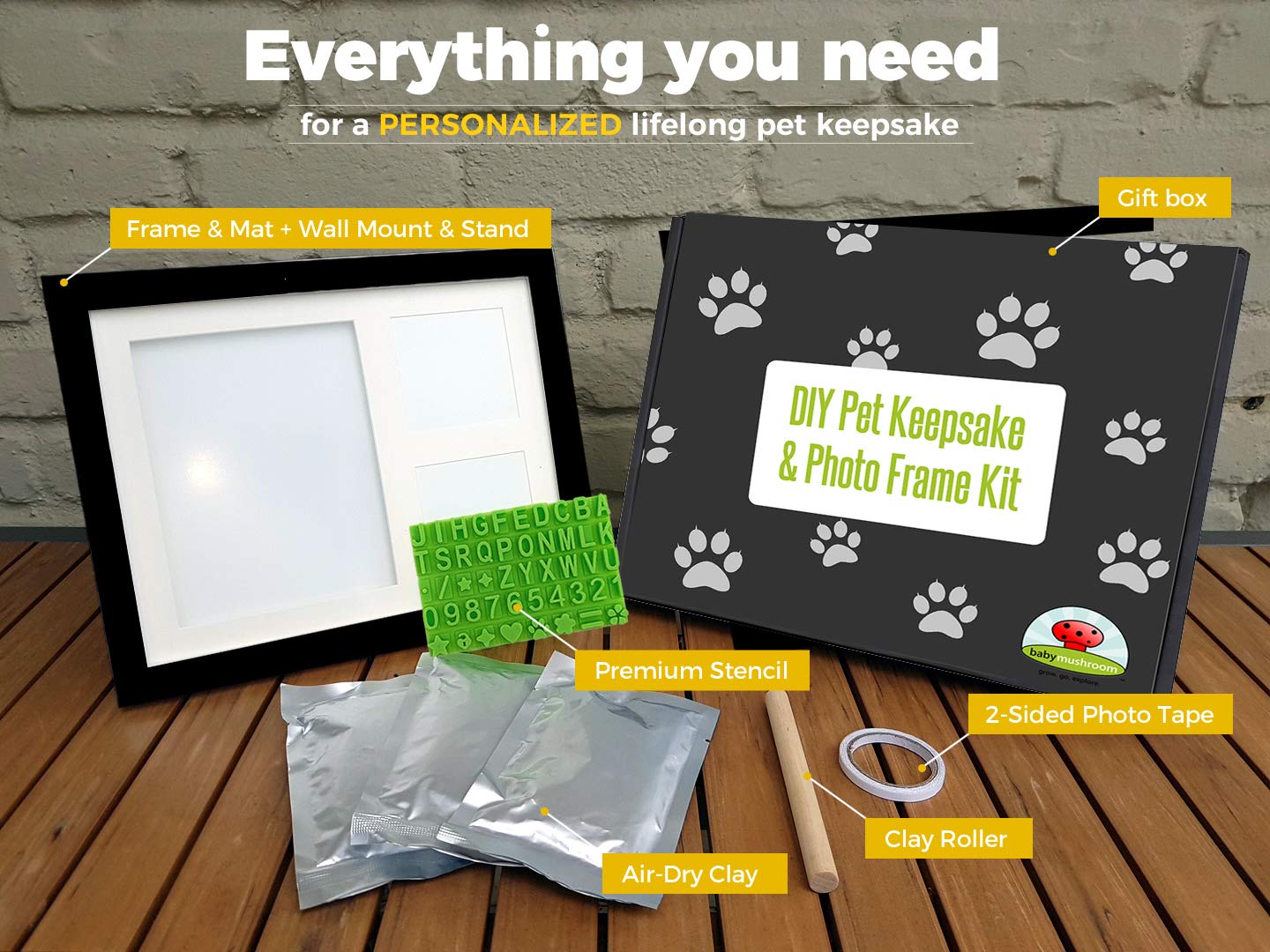 Ultimate Dog or Cat Pet Pawprint Keepsake Kit & Wood Picture Frame - Personalized Gift for Pet Lovers and Memorials (Black)