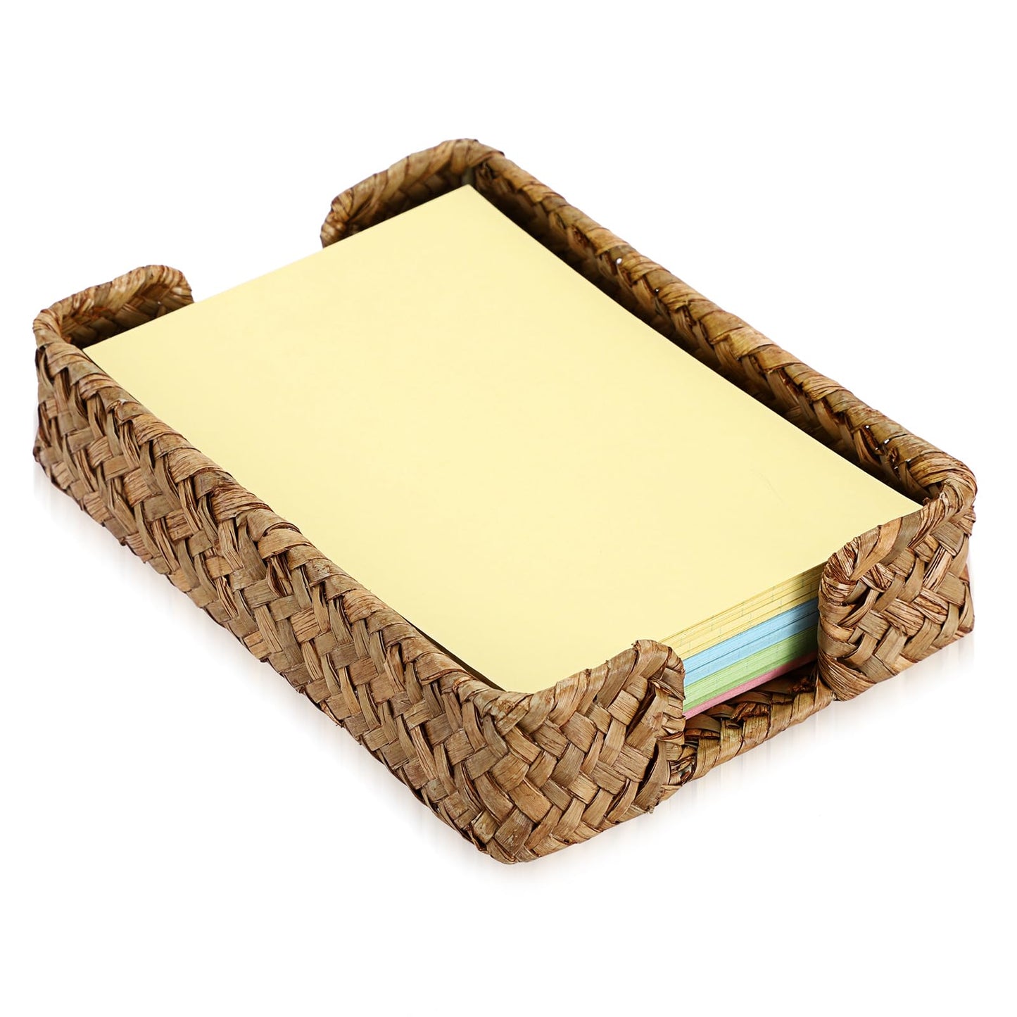 BTSKY Handwoven Sticky Note Holder for 4x6 Inch Sticky Notes, Seagrass Post It Note Dispenser, Rustic Notepad Holder, Notes Storage Container for Desk Organization Planning, Home Office, Caramel