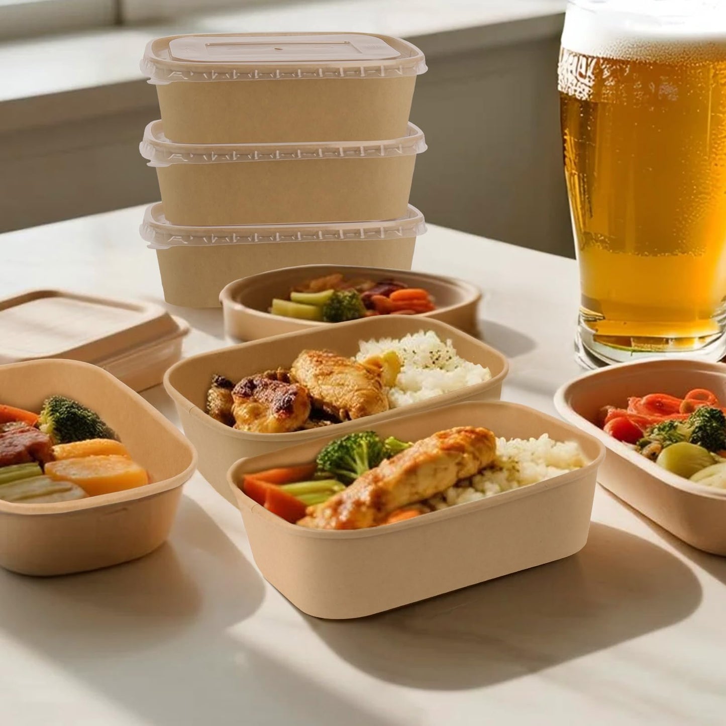 DeziWood 50 Pack 35 oz Paper Food Containers with Lids, Meal Prep Containers Disposable Large Paper Bowls, Microwavable and Freezer Storage Use Cardboard Food Containers