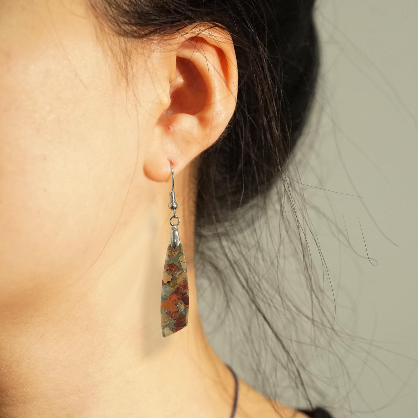 Jasper Stone Earrings for Women Trendy Dangle Earrings Fishhook Drop Earrings (Brown-Silver Hook)