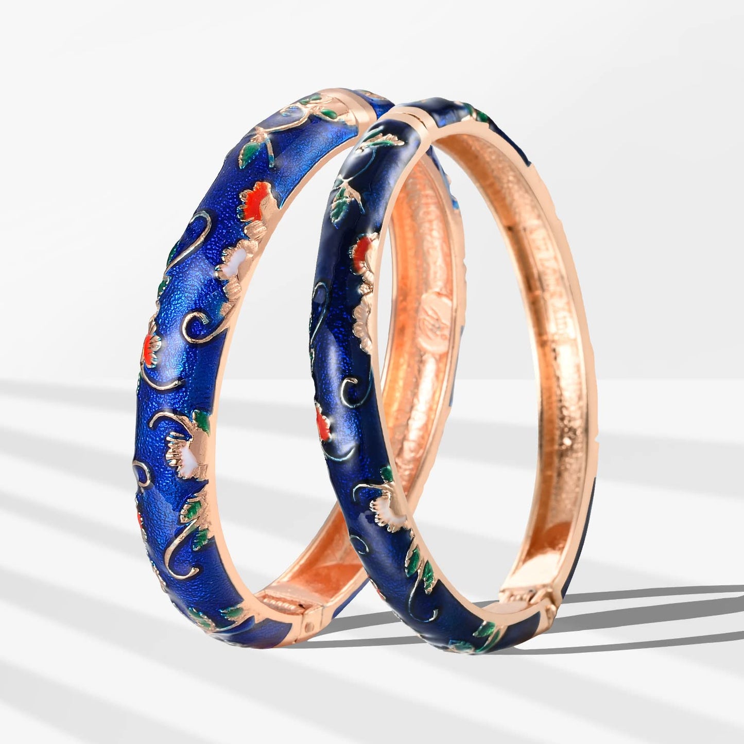UJOY Handcrafted Cloisonne Bangle Bracelets Butterfly Enamel Metal Handcuff Jewelry Set Box Gift for Women 55A108-55B30 Navy Blue