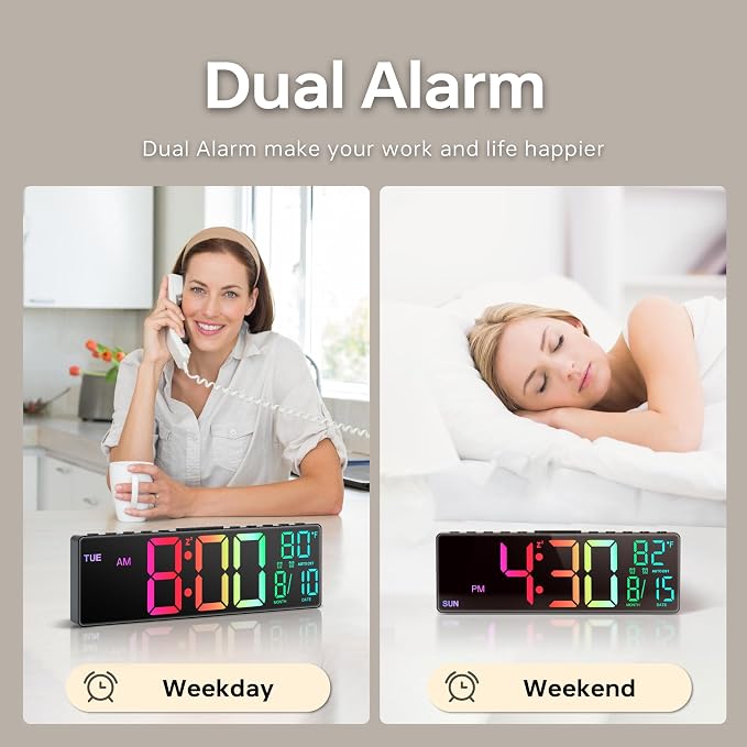JALL 10.5'' Large Digital Alarm Clock with Big LED Number for School Classroom, Remote Control, RGB Colors,Timer, Dual Alarm, Temperature for Bedroom, Living Room, Gift for Senior Student Teacher