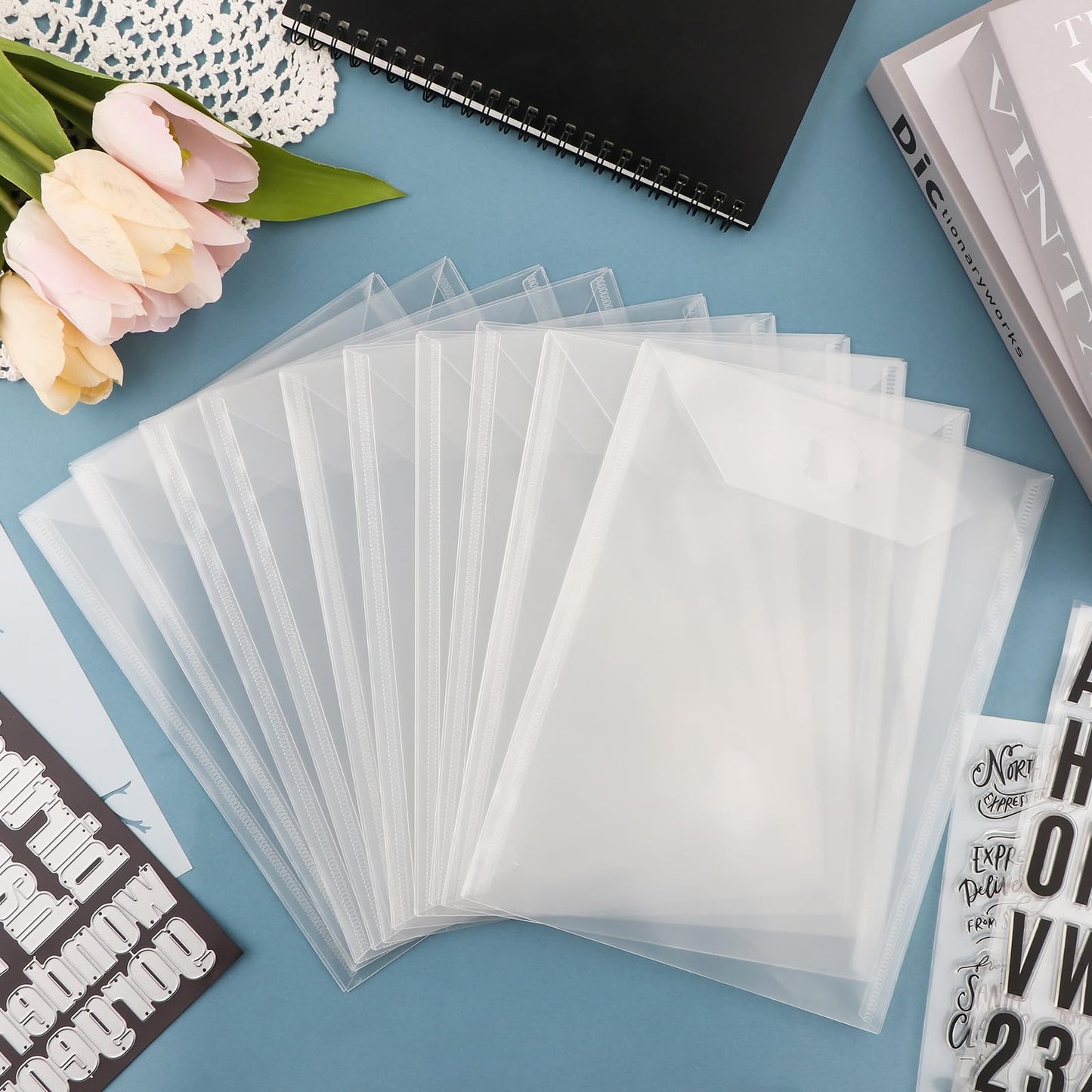 Briartw 50 Pack Storage Envelopes,Clear 7x9.4" Resealable Plastic Envelopes Pockets for Cutting Dies Stencil Crafts Organizer Holder,Storage Bag for Clear Stamp,Die Cuts,Scrapbook Paper,Photos