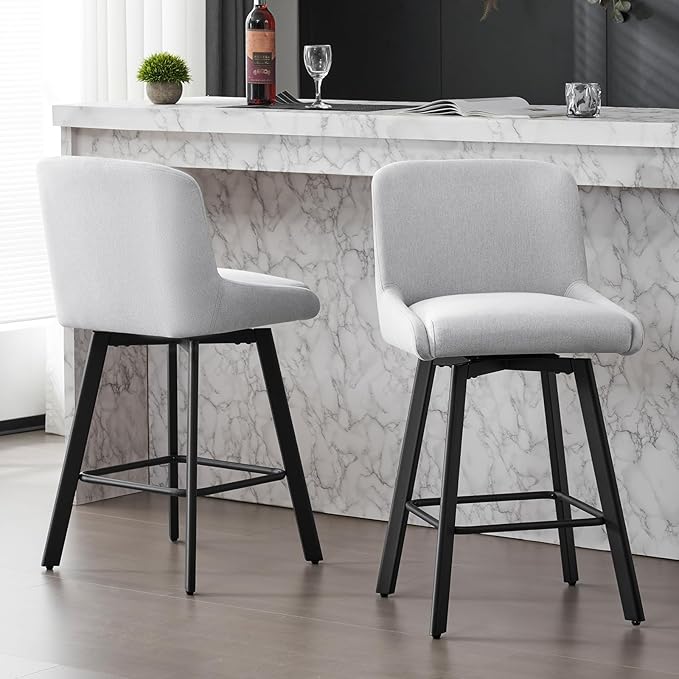 Swivel Bar Stools Set of 2, 26''H Upholstered Barstools with Backs, Modern Counter Height Bar Stool Chairs for Kitchen Island, Metal Legs, Fabric, Light Gray Counter Stools