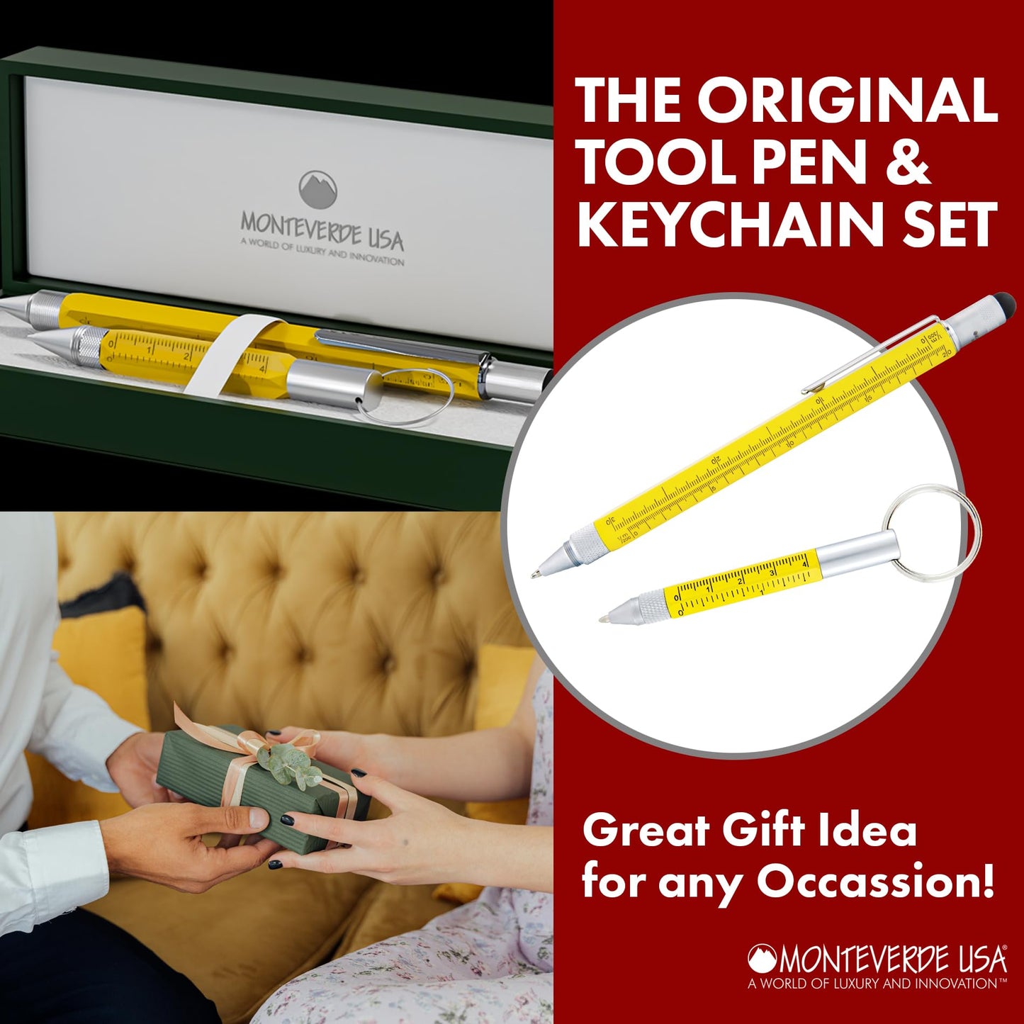 Monteverde One Touch Tool Set Ballpoint Pen with Stylus Yellow + Tool Pen Keychain – 6-in-1 Multifunction Pen Set from Exclusive Collection – Ideal for Engineers (MV35478)