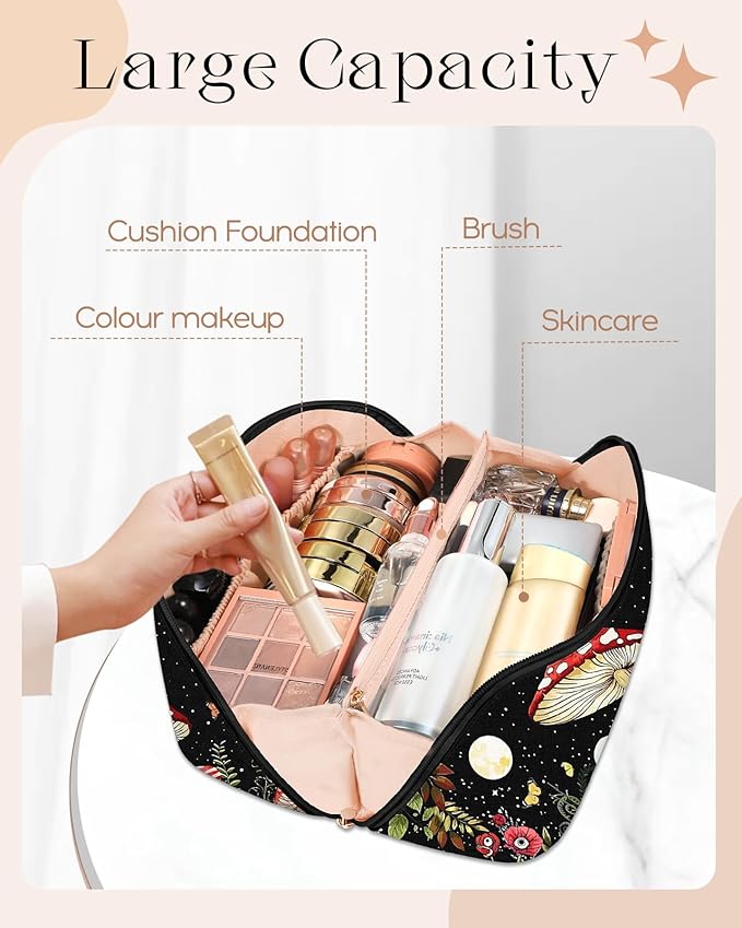 Bistup Makeup Bag Travel Cosmetic Bag Toiletry Make Up Bags Cute Women Large Capacity Big Medium Leather Mushroom Aesthetic Girl Teen Teenage Foldable Expandable Open Flat Zip