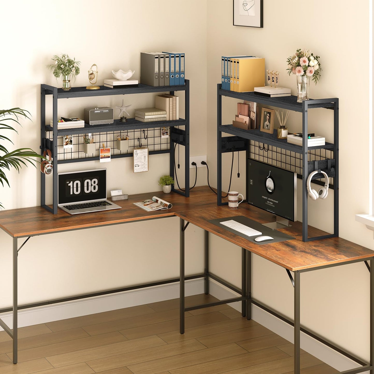 HOOBRO Desktop Bookcase, 37.4" Large Desk Shelf, 2-Tier Desktop Organizer, Wooden Office Storage Rack with Outlets, Display Shelf Rack with Light Strip, Desk Hutch for Office, Black BB13UDSJ01