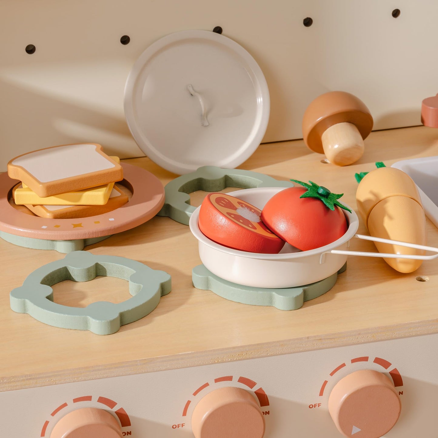 ROBOTIME Wooden Play Food 4-in-1 Cutting Set, Pretend Play Toy Food for Play Kitchen with Shopping Bag – Kids Kitchen Accessories, Wooden Play Food for Boys & Girls