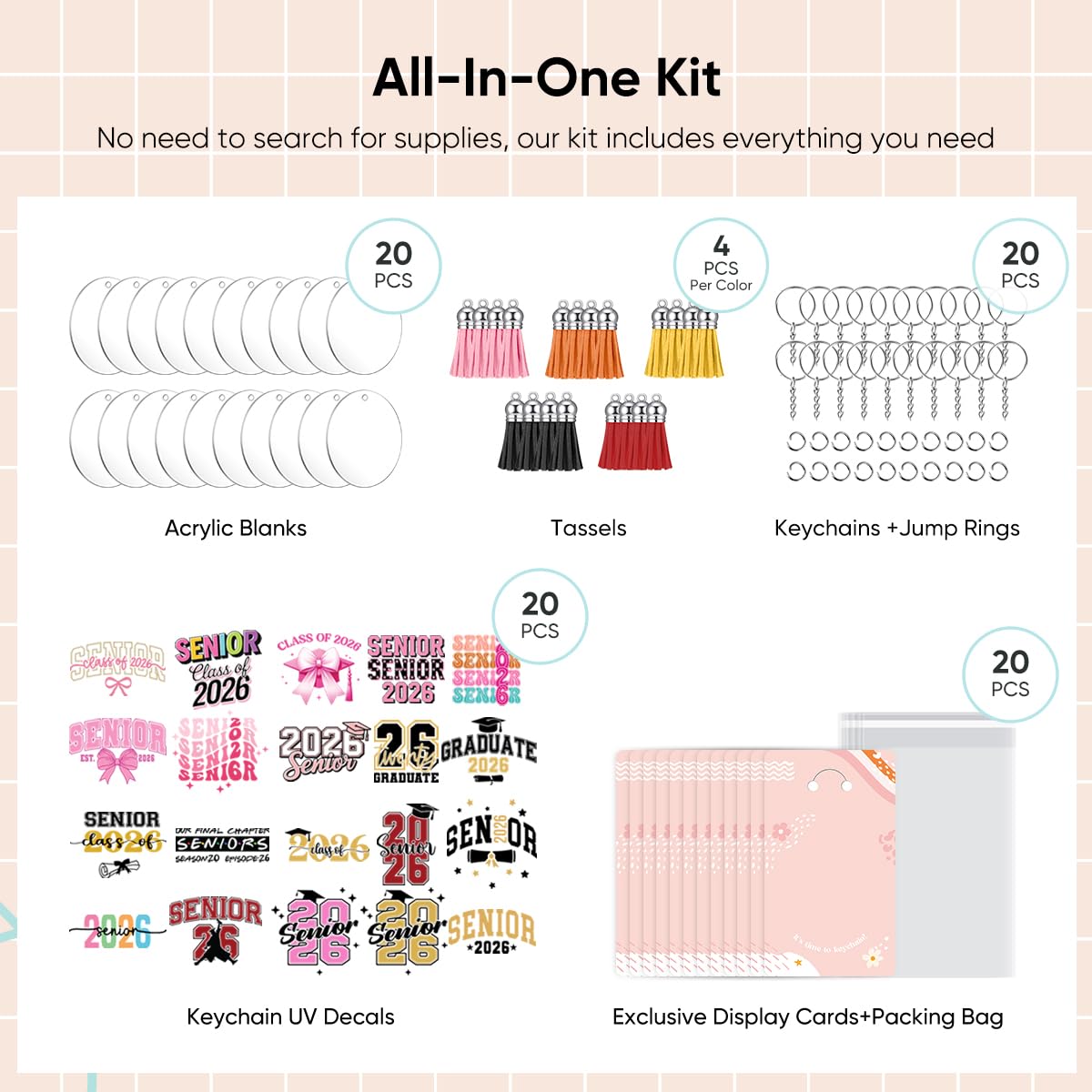 YOPPIX 140 PCS Acrylic Keychain Blank Set, 2026 Graduation Season Double-Sided UV DTF Stickers Acrylic Keychain Making Kits for Vinyl DIY Craft Project