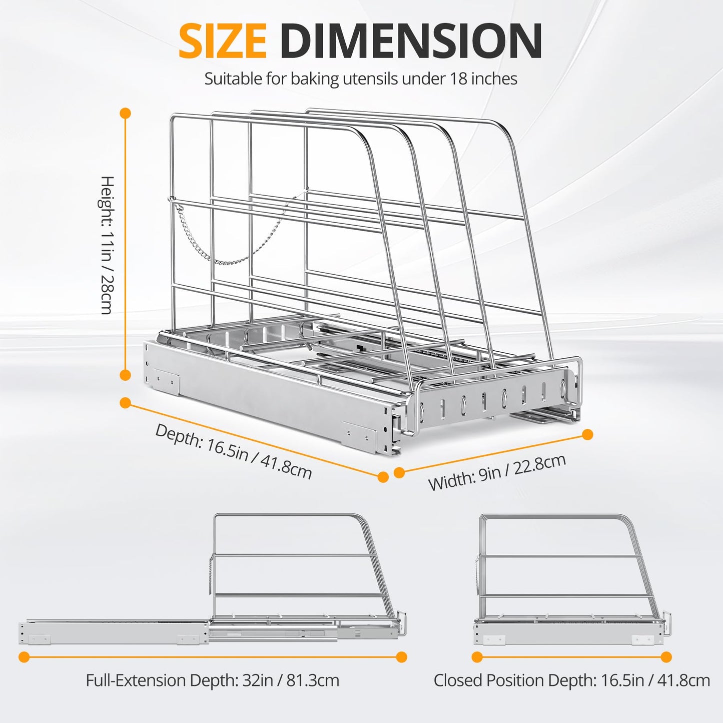 Pull Out Cabinet Organizer for Cutting Board, Cookie Sheet, Baking Sheet, Stainless Steel Sliding Rack for Bakeware & Trays, Heavy-Duty Cutting Board Organizer (9” x 16.5” (22.8 x 41.8 cm))