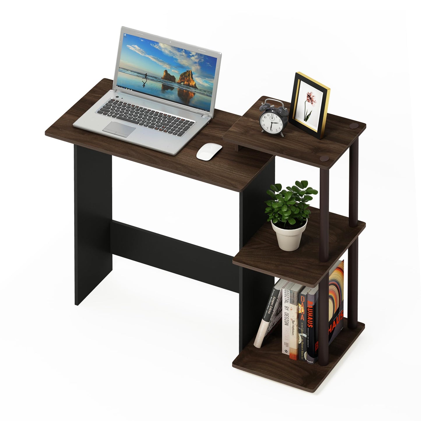 Furinno EFFICIENT Desk, 28.6" Wide Gaming Desk with 3 Open Side Shelves, Laptop Notebook Computer Desk, Office Desk for Home Office, Study Room, Dorm, Bedroom, Columbia Walnut