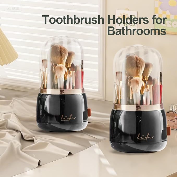 Toothbrush Holders with Cover,Dustproof 360 Rotating 7 Slots Toothpaste Holder for Bathroom Organizer Countertop,Makeup Brushes Organizer,Bathroom Accessories (Black)