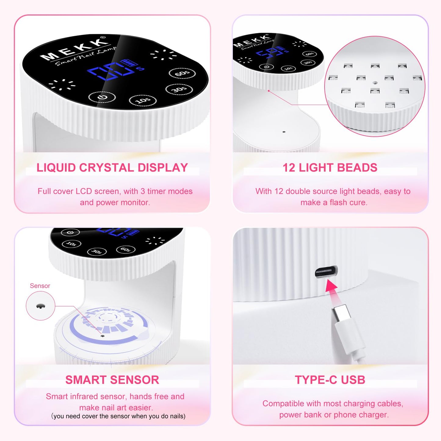 MEKK Cordless Mini UV Light for Gel Nails - 24W Rechargeable Mini UV LED Nail Lamp with Touch Control & Auto Sensor,Small Flash Cure Lamp,4 Timers,Portable Nail Light for Tavel & Home Use(White)